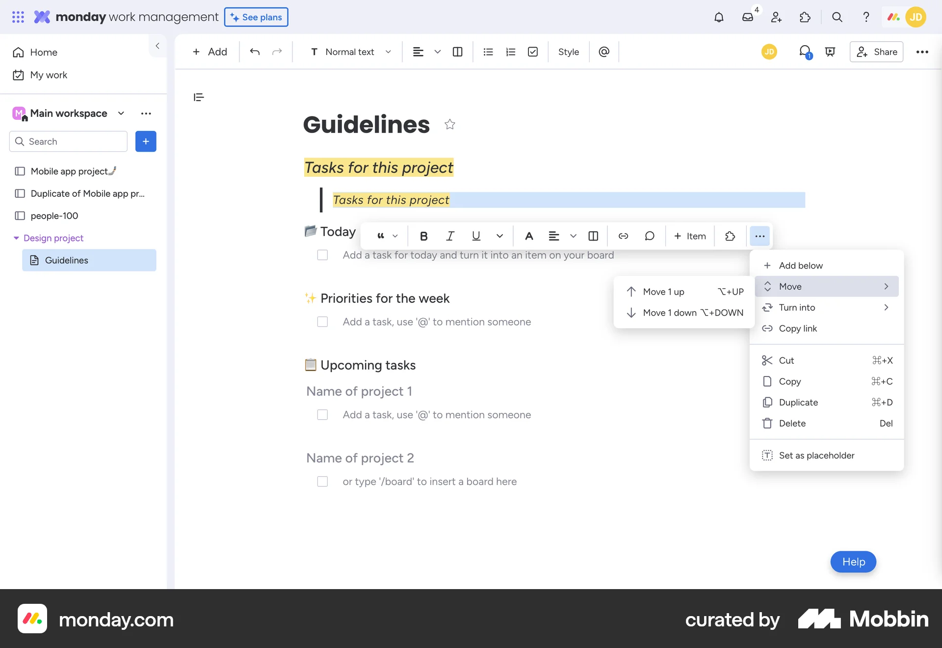monday.com Web Reorder screen