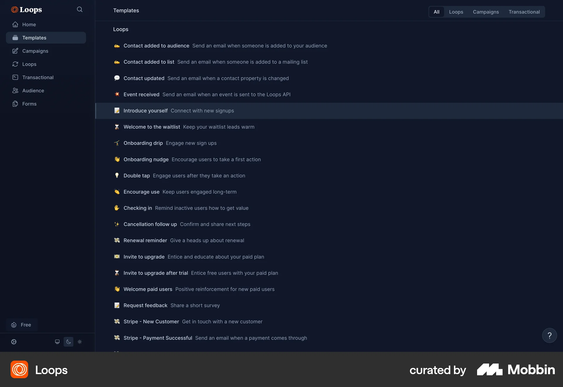 Loops Web Dark Mode screen