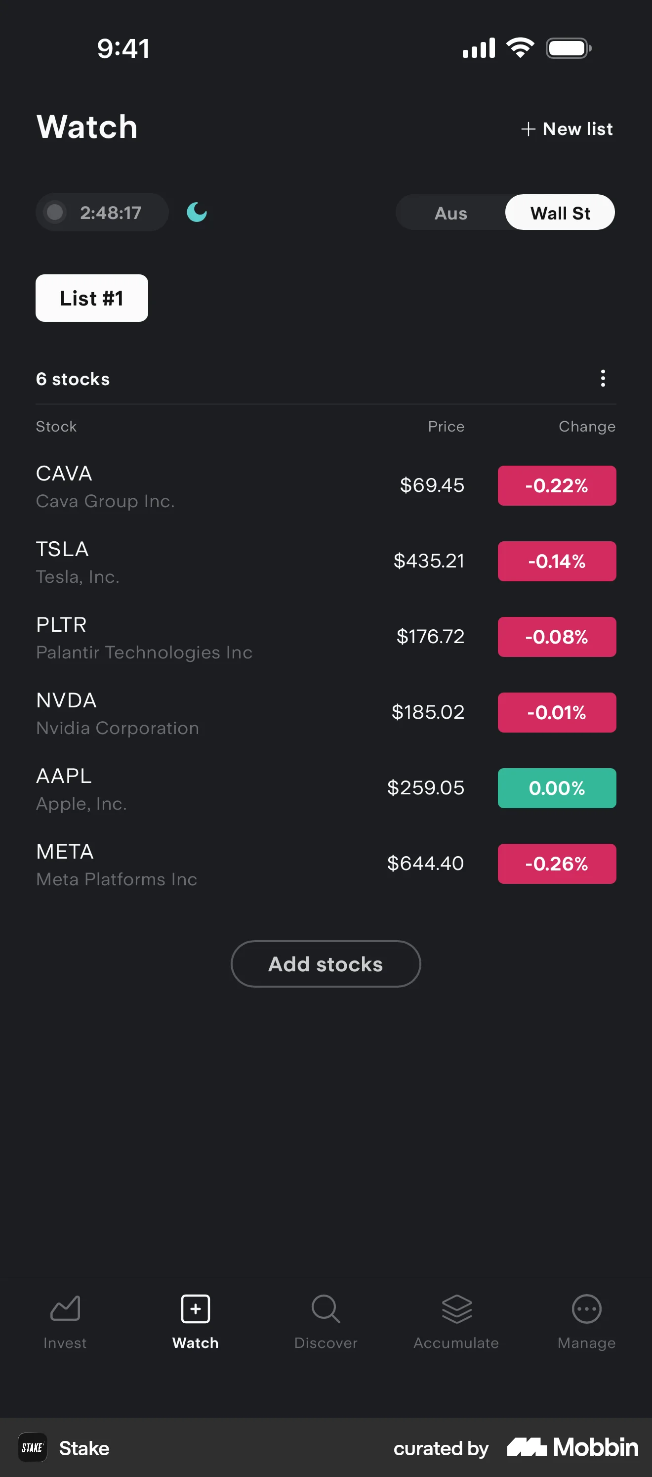 Stake iOS Dark Mode screen