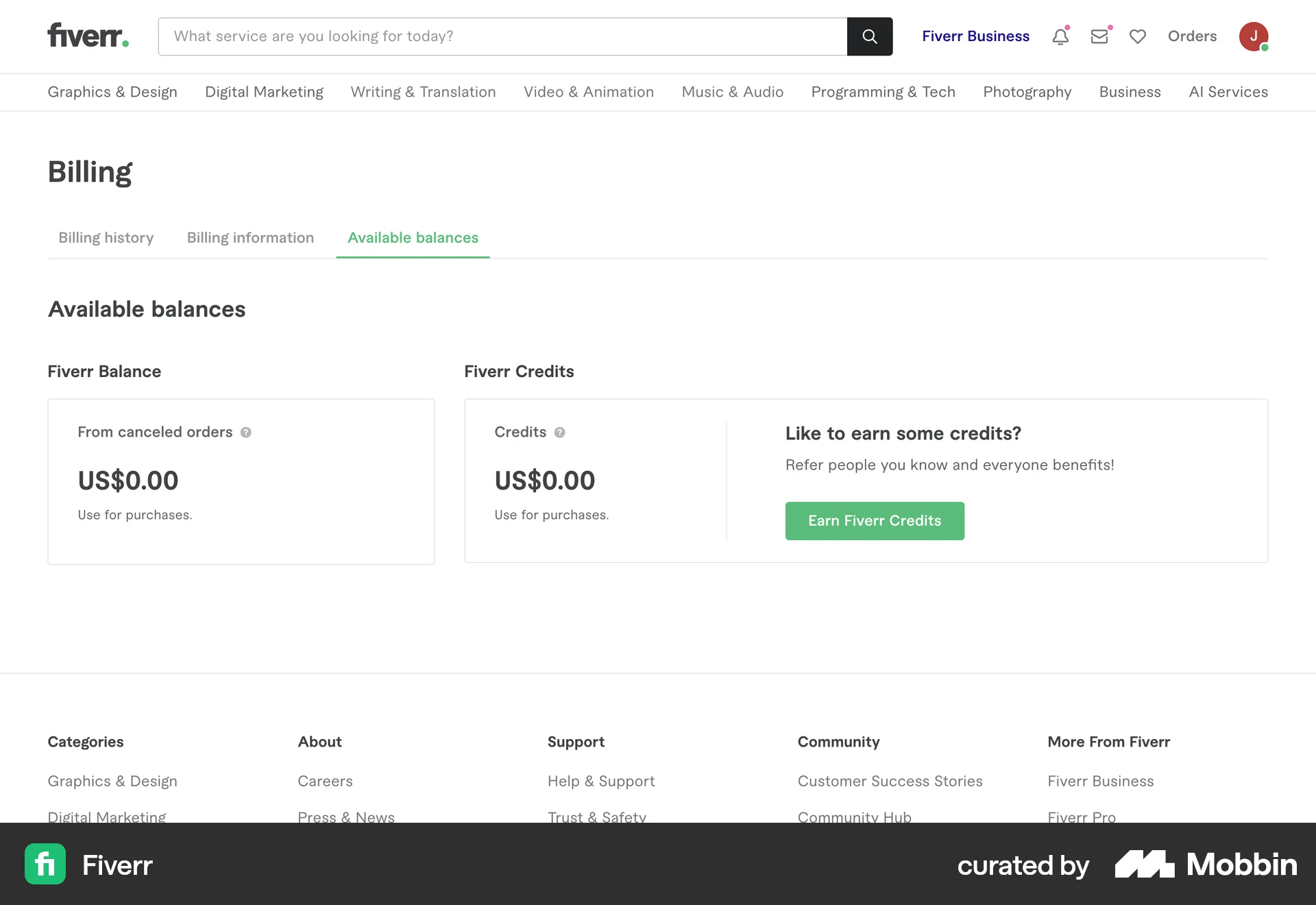 Fiverr Web Billing screen