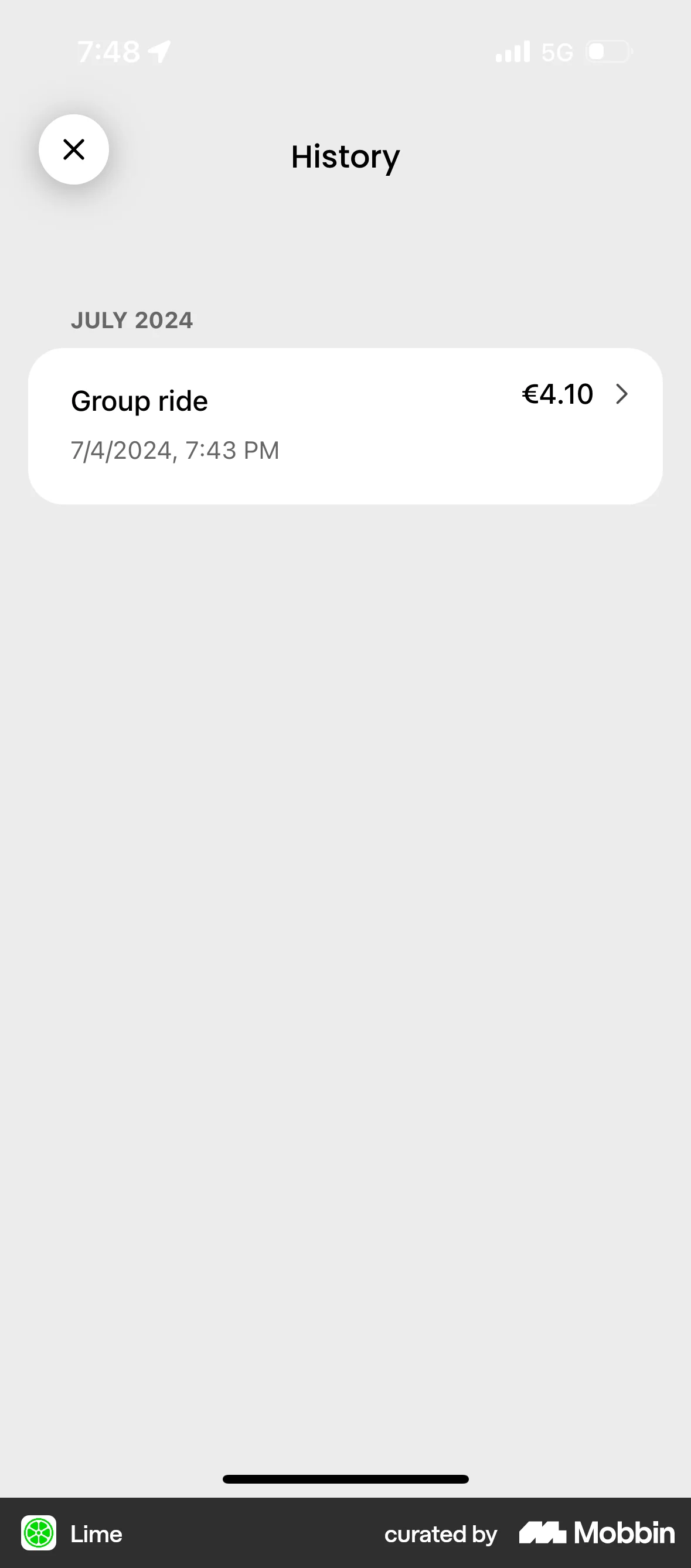 Lime iOS Order History screen