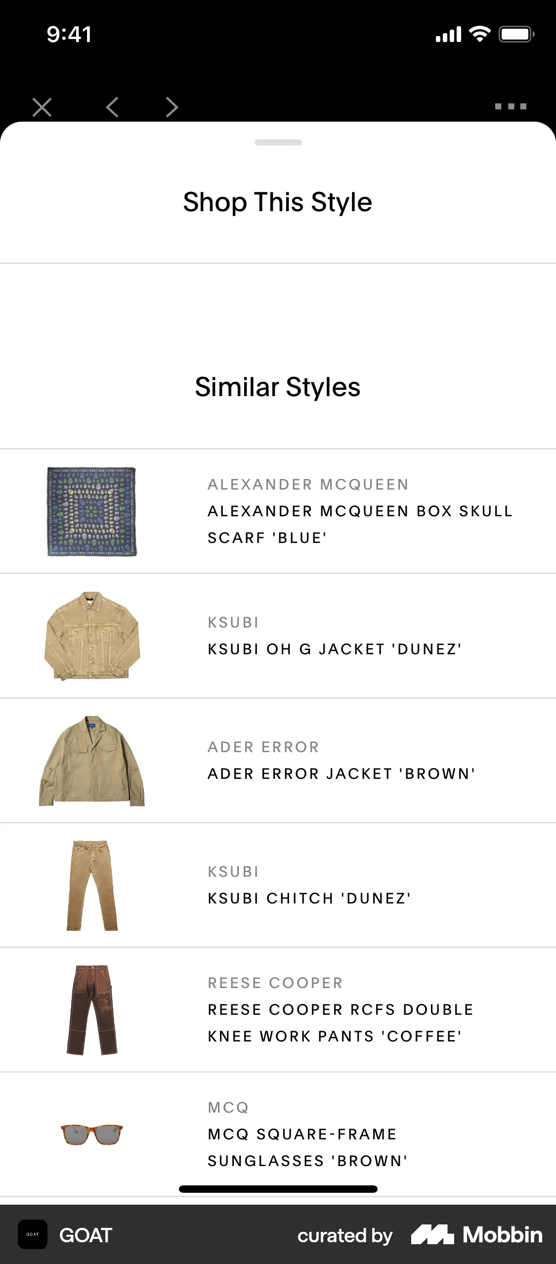 GOAT iOS Suggestions & Similar Items screen