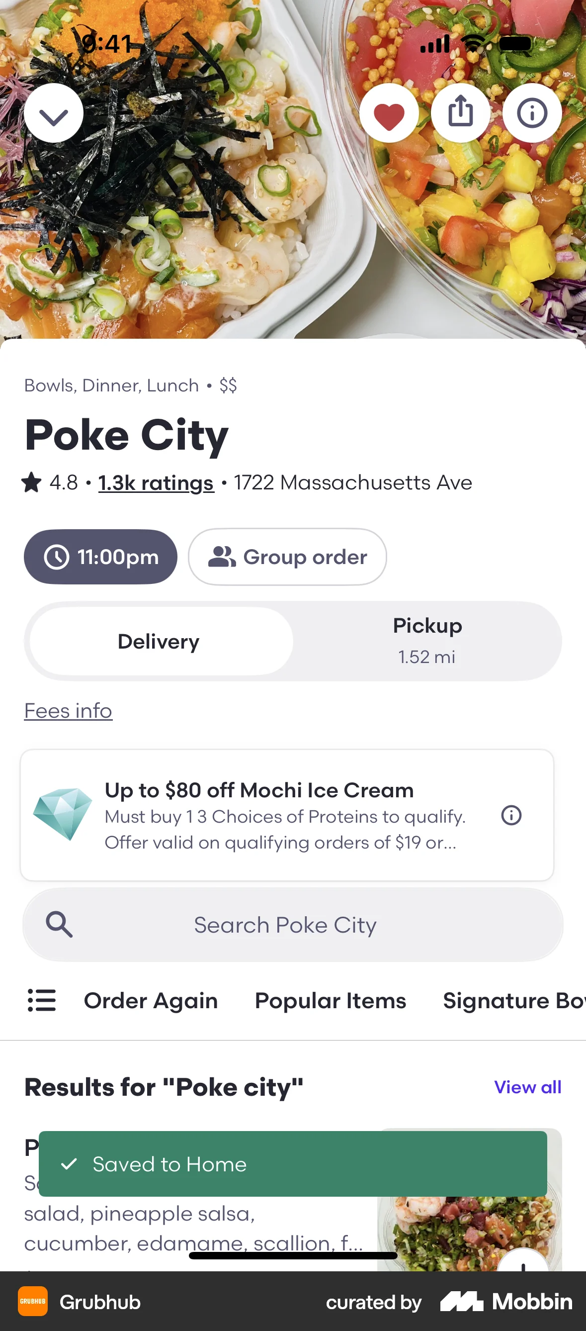 Grubhub iOS Favorite & Pin screen