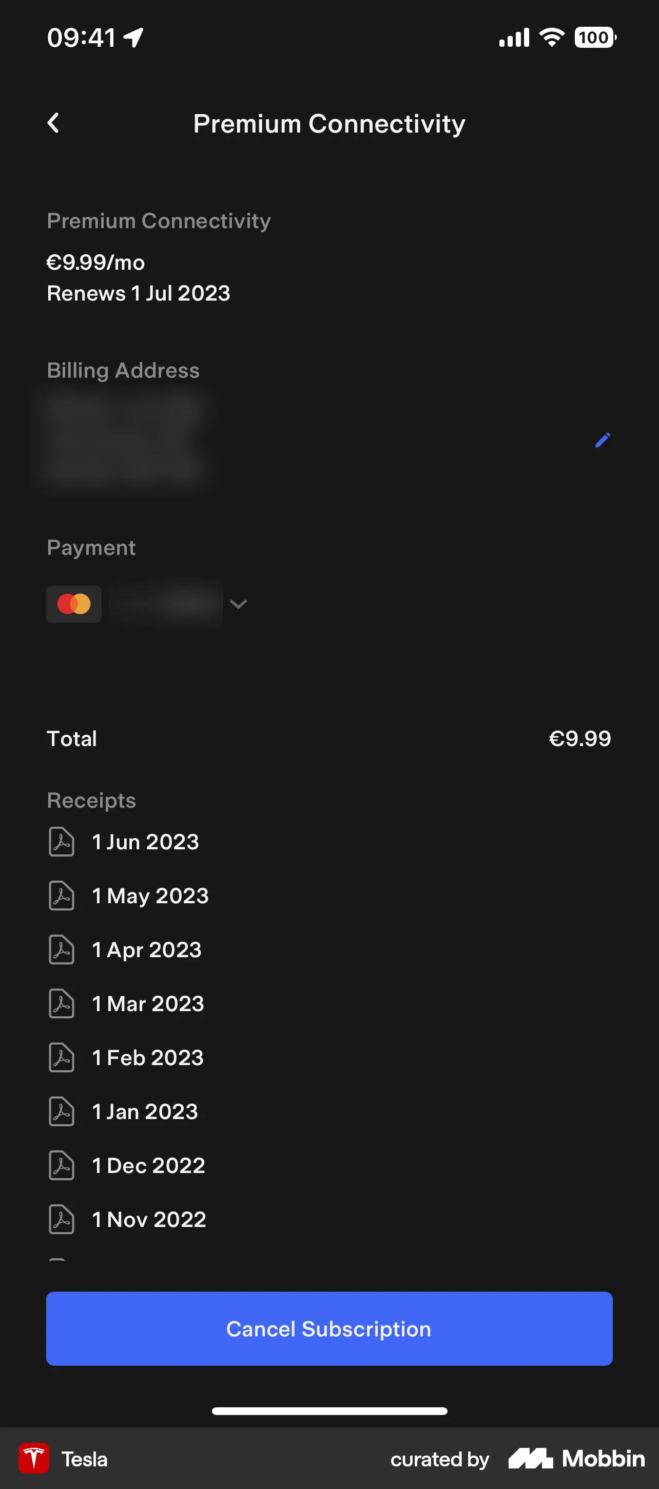 Tesla iOS Billing screen