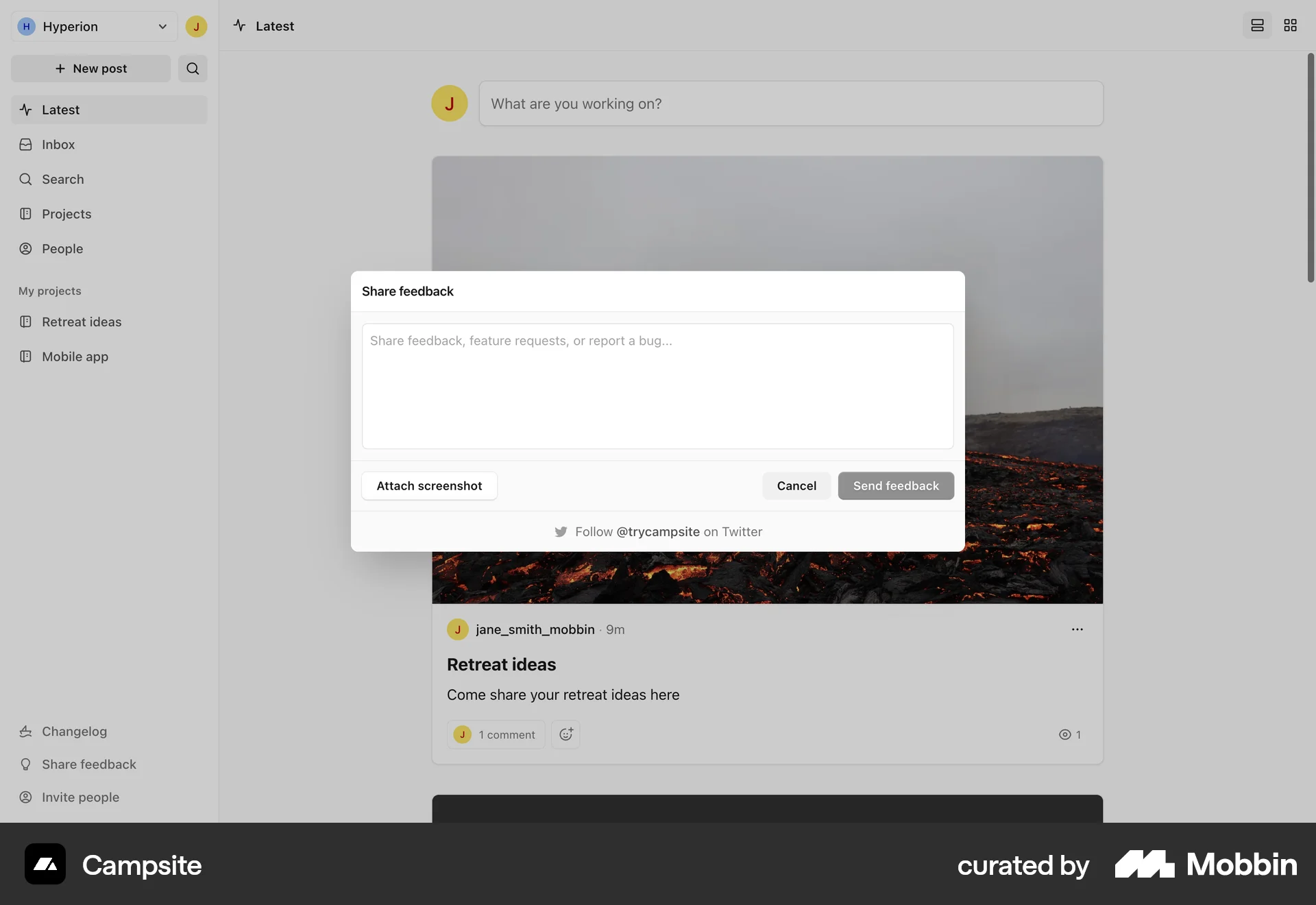 Campsite Web Feedback screen