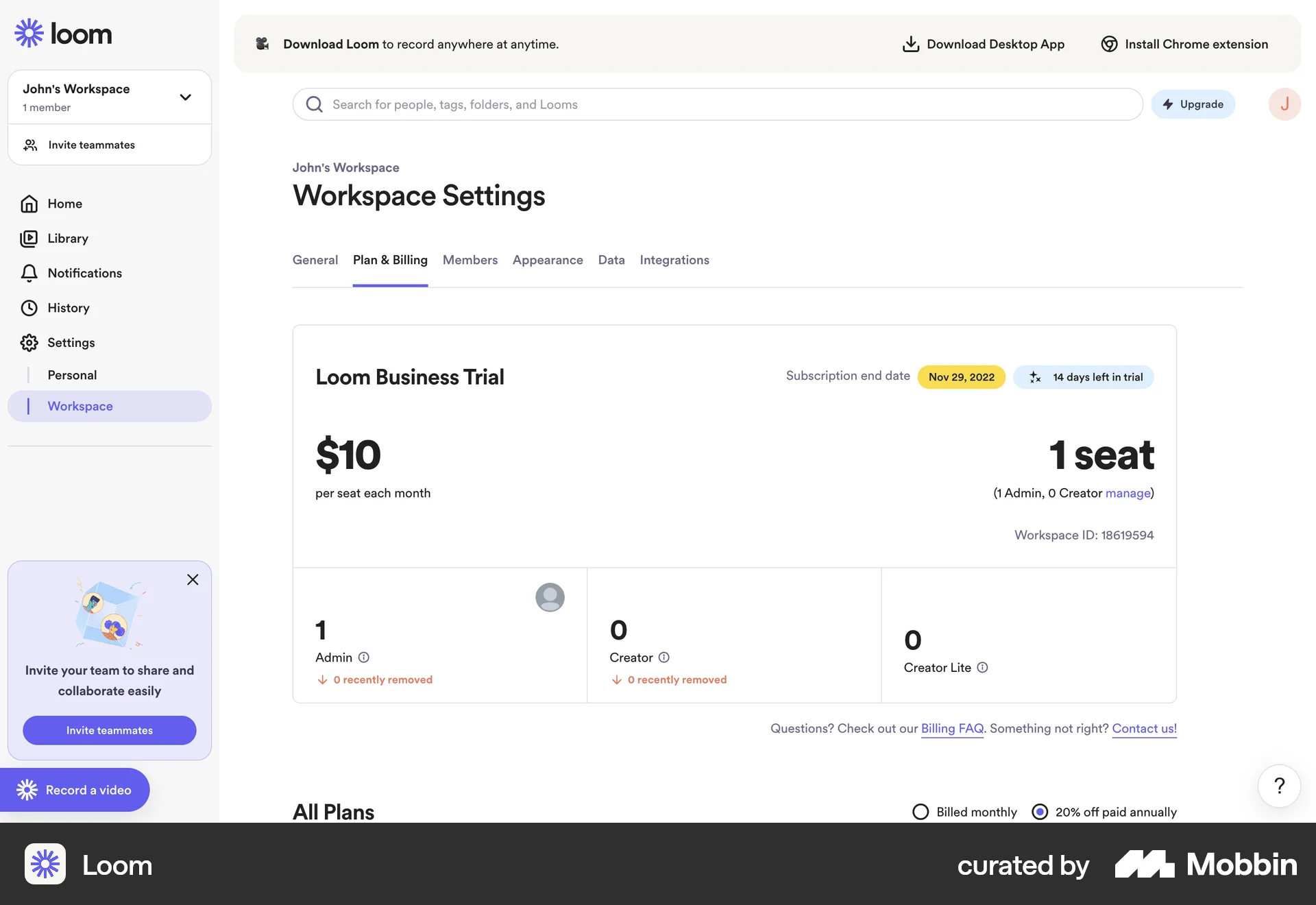 Loom Web screen containing Tab UI element
