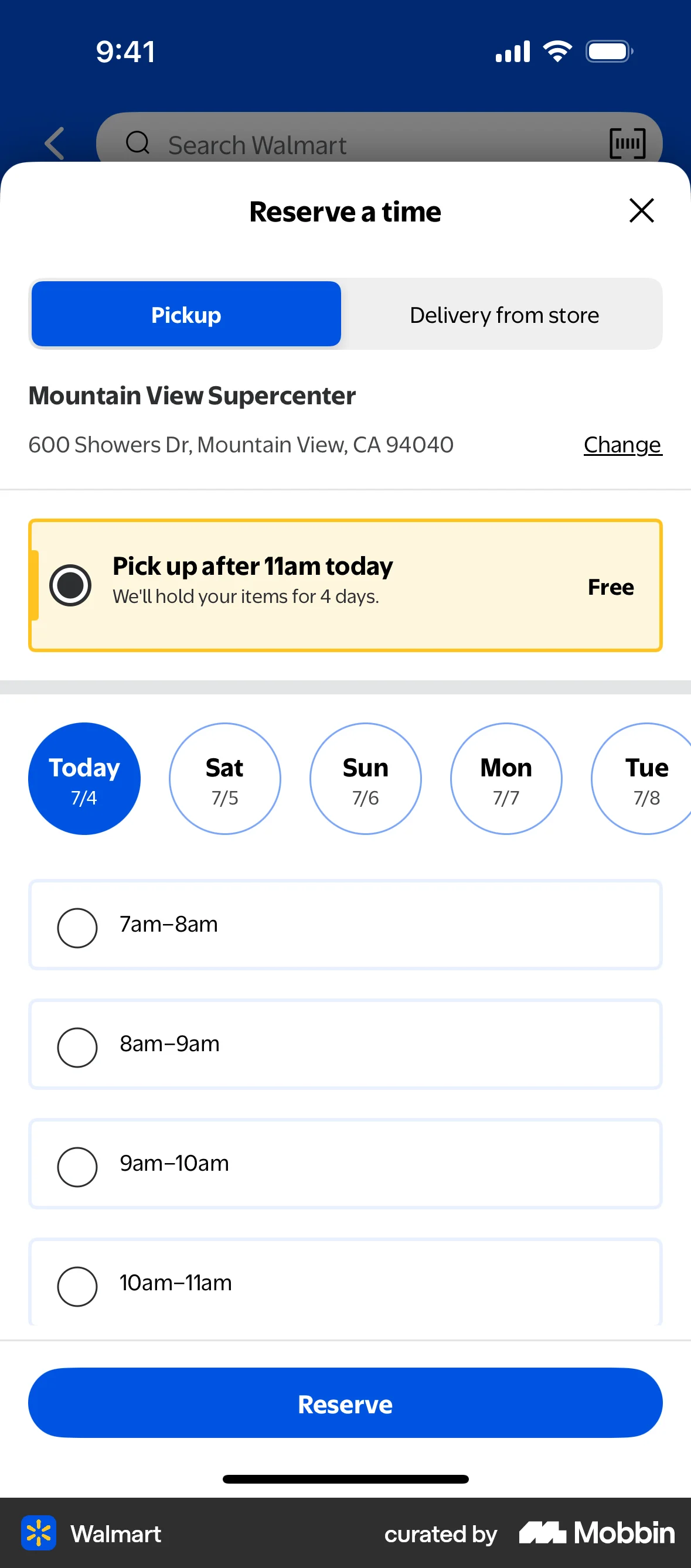 Walmart iOS screen containing Segmented Control UI element