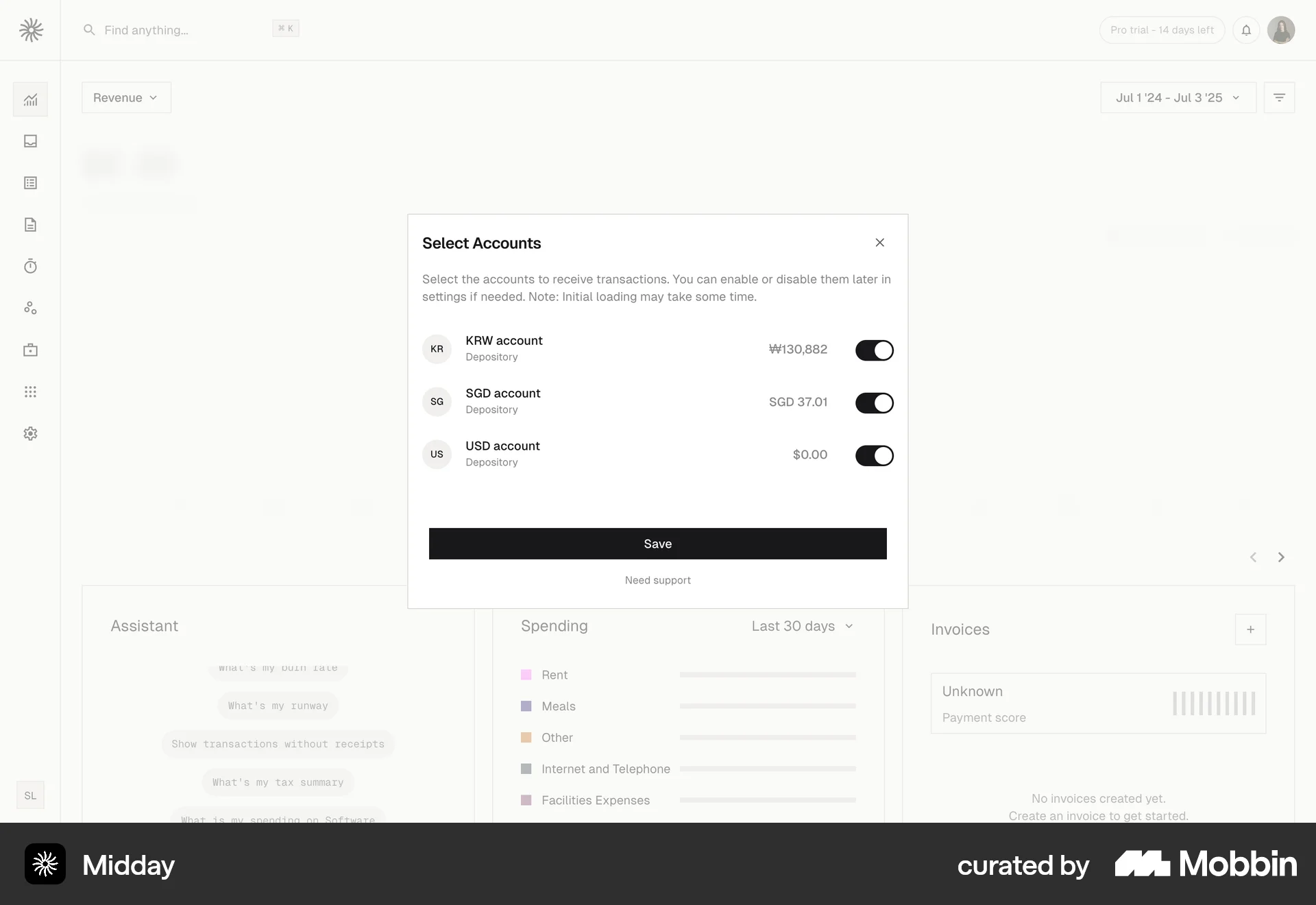 Midday Web Select screen