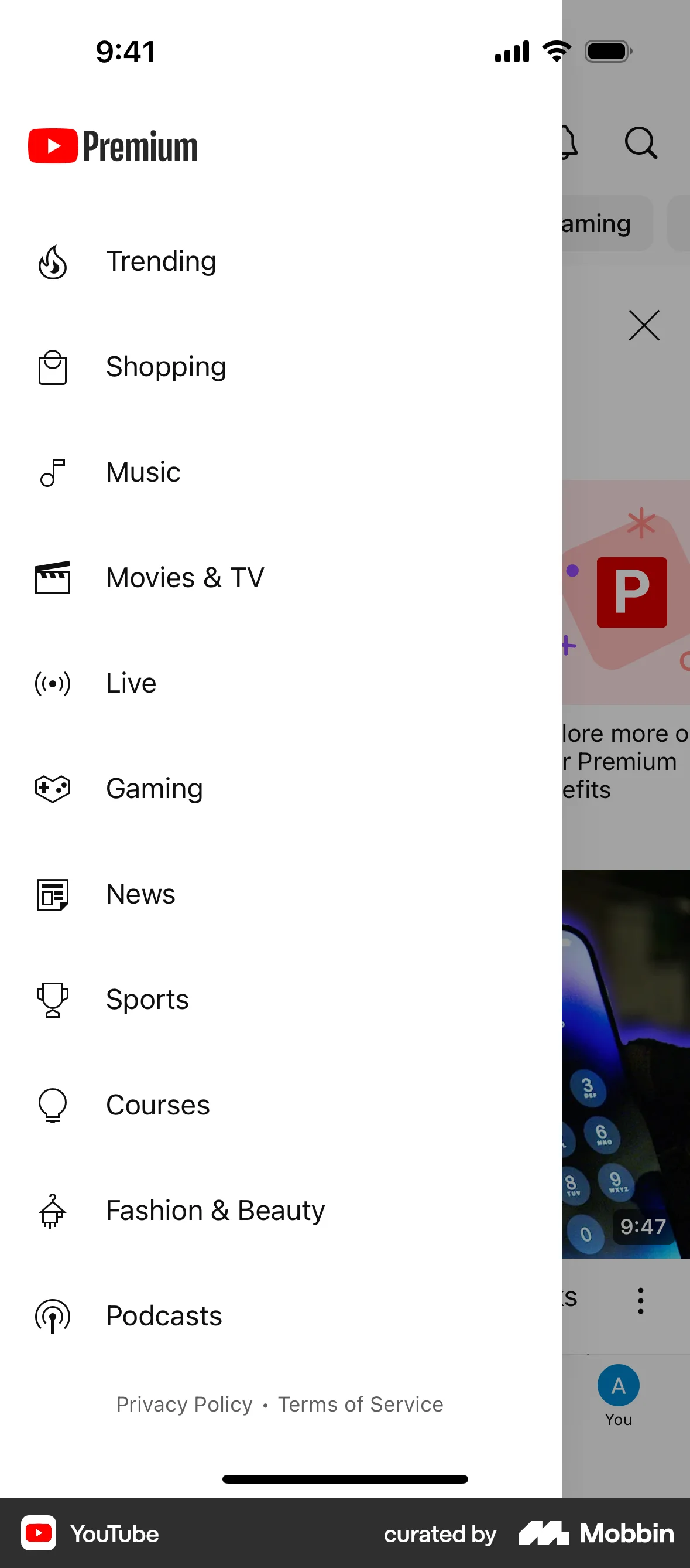 YouTube iOS screen containing Side Navigation UI element