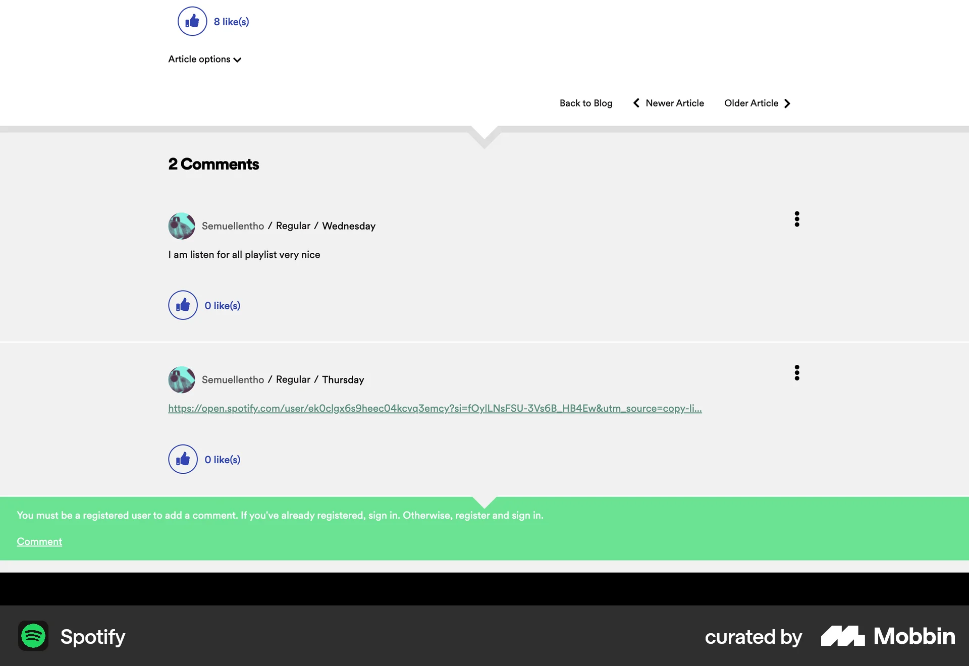 Spotify Web Post Detail screen