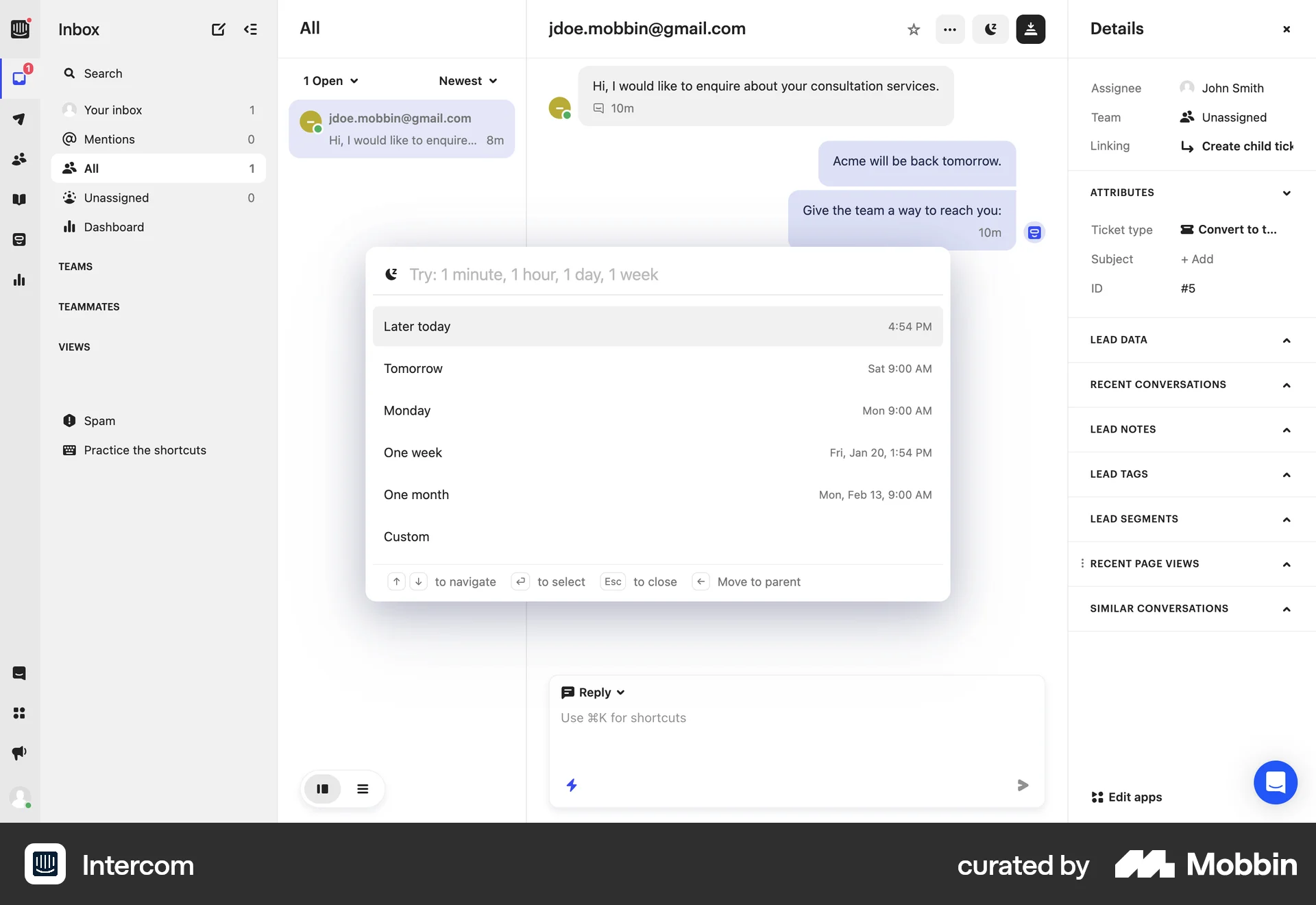Intercom Web Command Palette screen