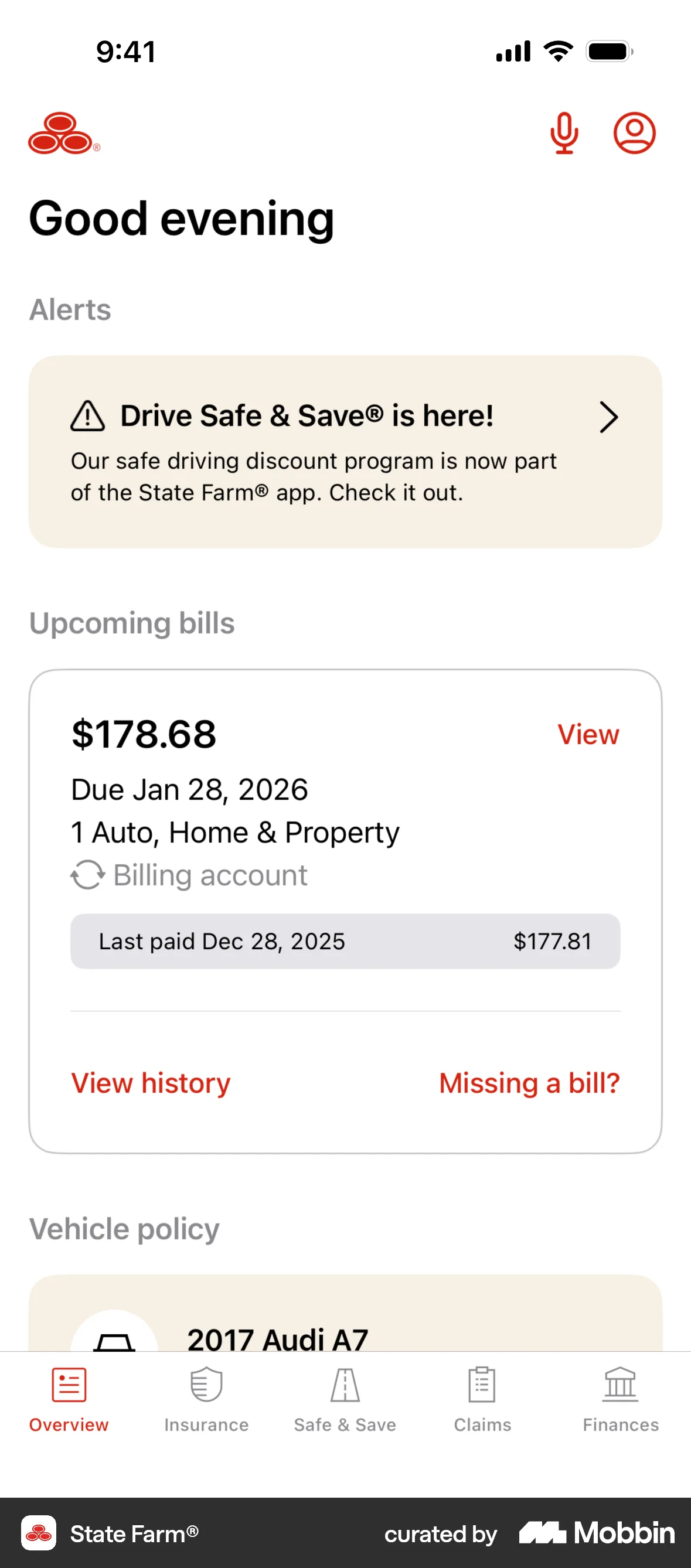 State Farm iOS Mobile App Design screen