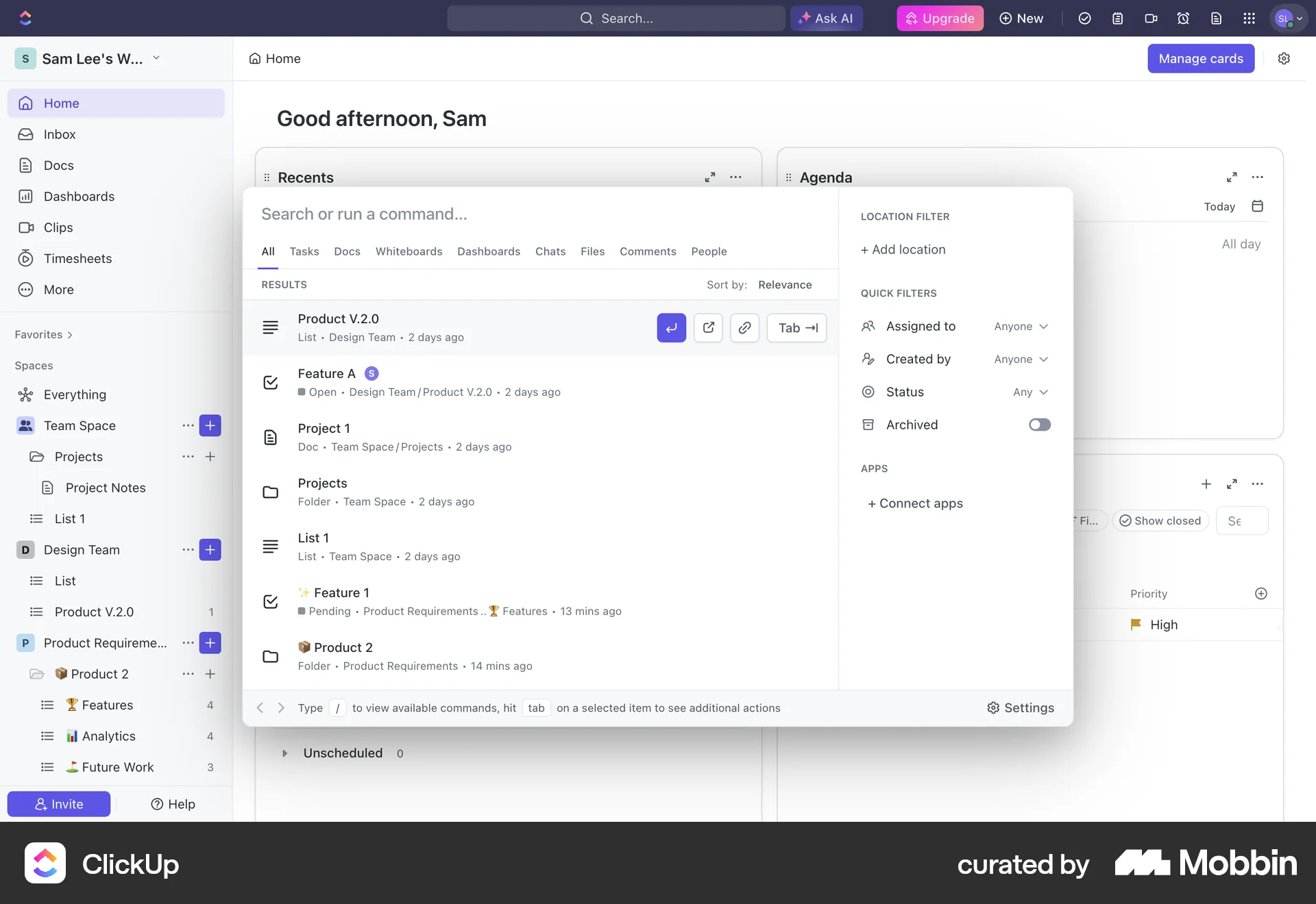 ClickUp Web Command Palette screen