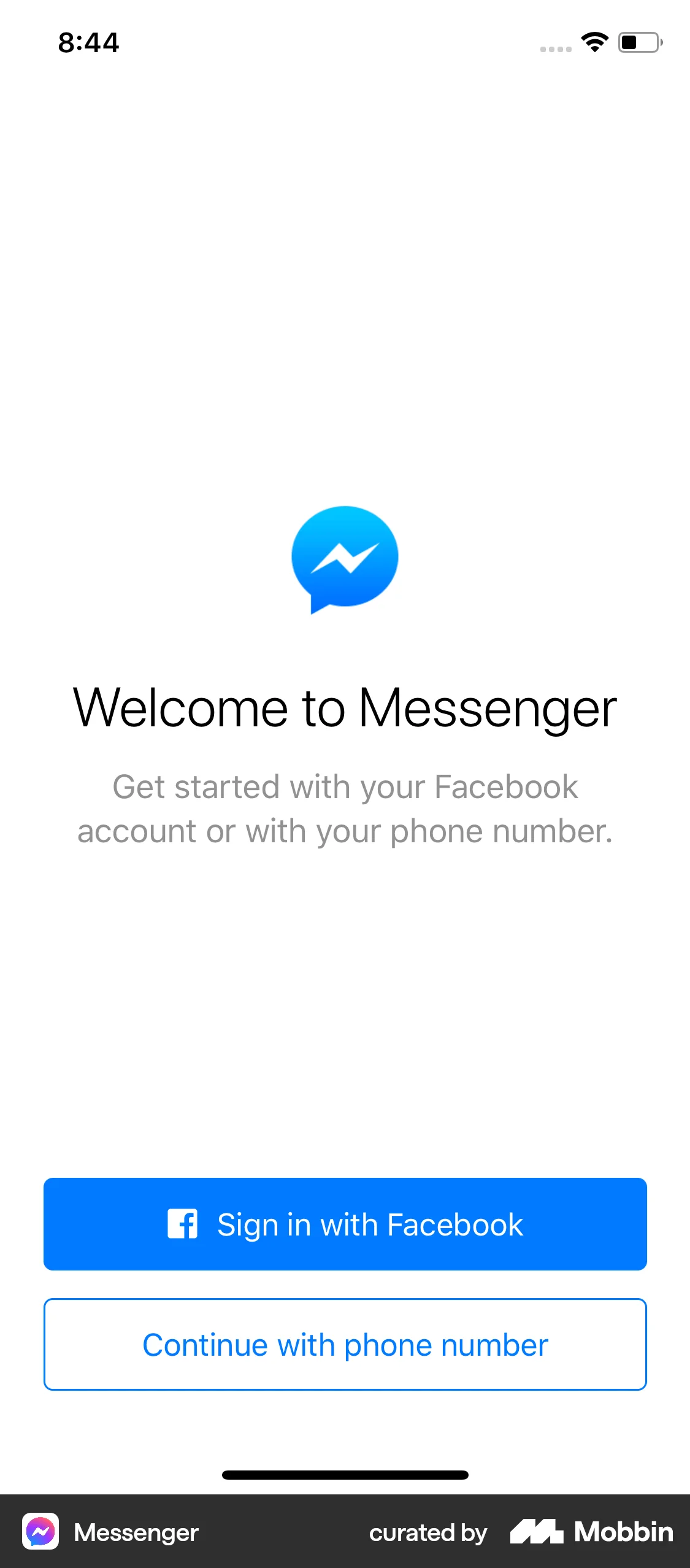 Messenger iOS Login screen