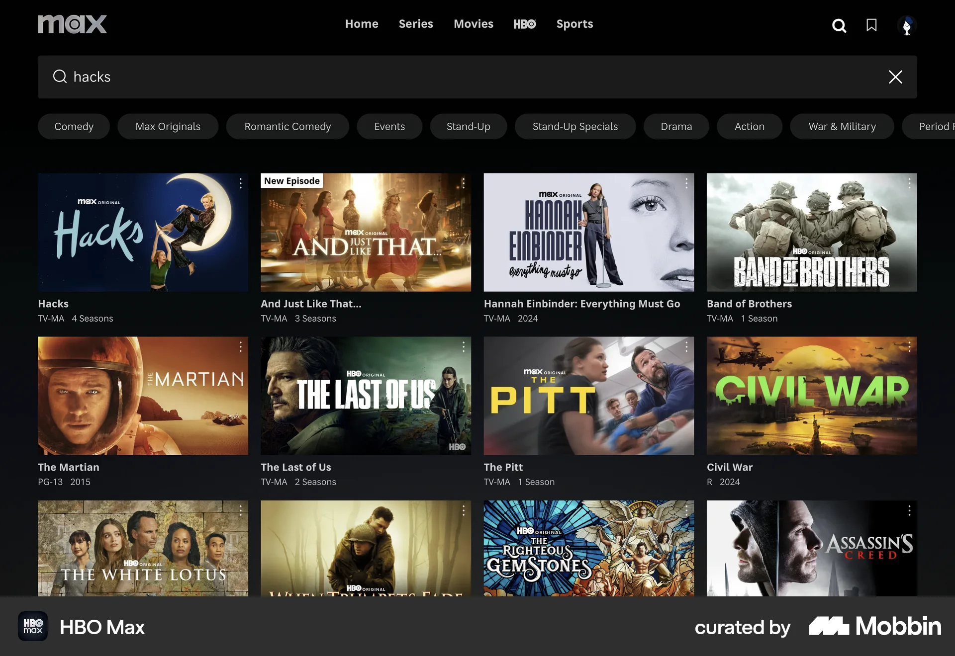 HBO Max Web Search screen