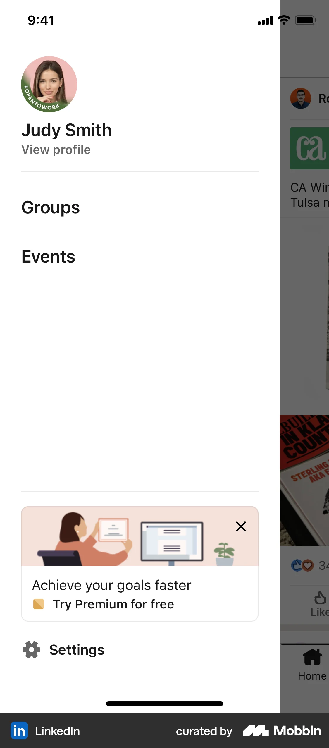 LinkedIn iOS screen containing Side Navigation UI element