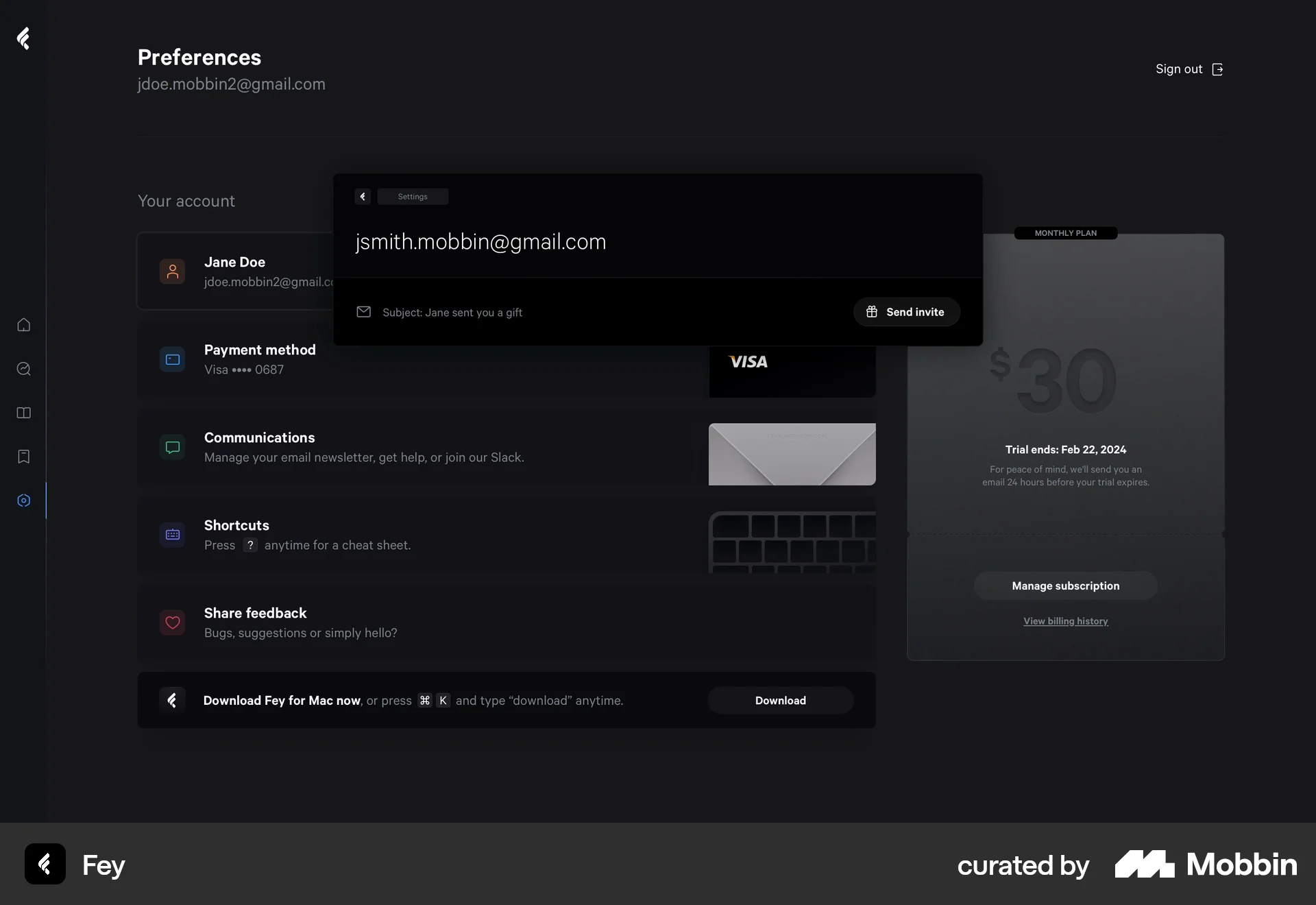 Fey Web Invite & Refer Friends screen