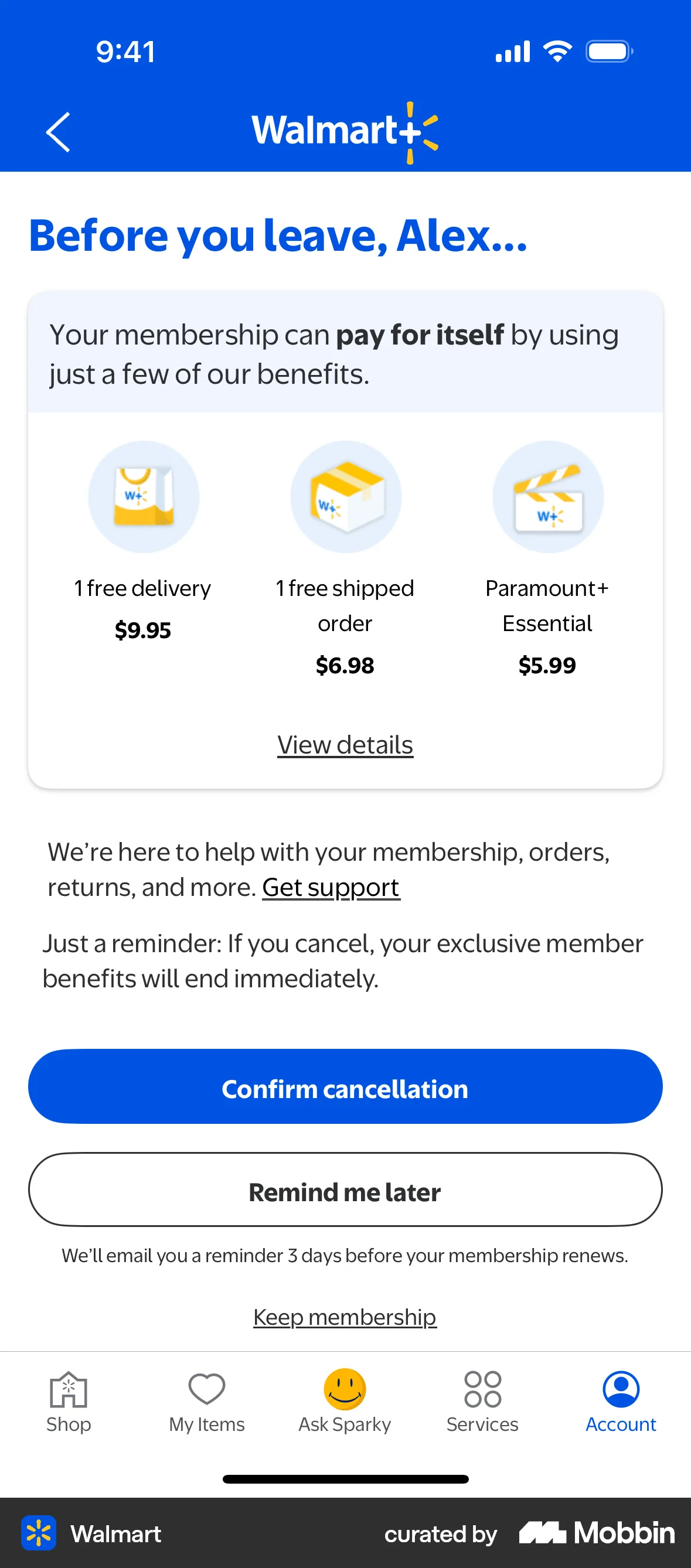Walmart iOS Confirmation screen
