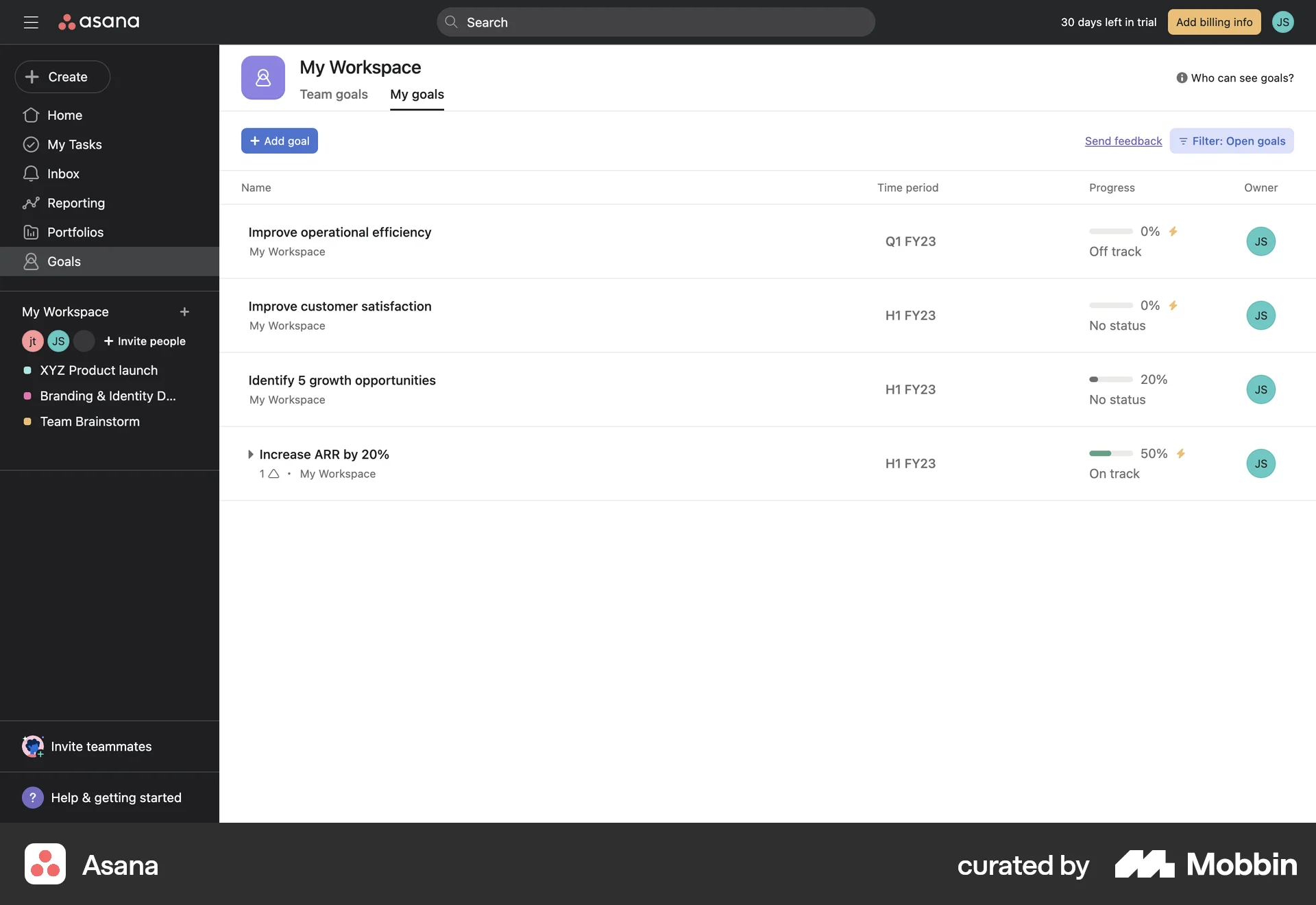 Asana Web Goal & Task screen