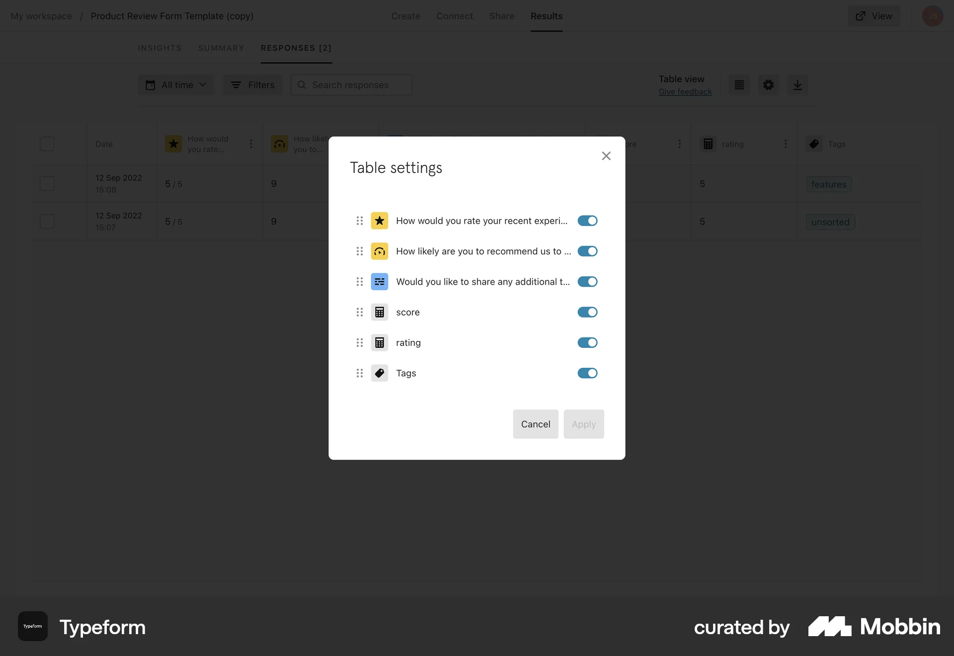 Typeform Web Reorder screen