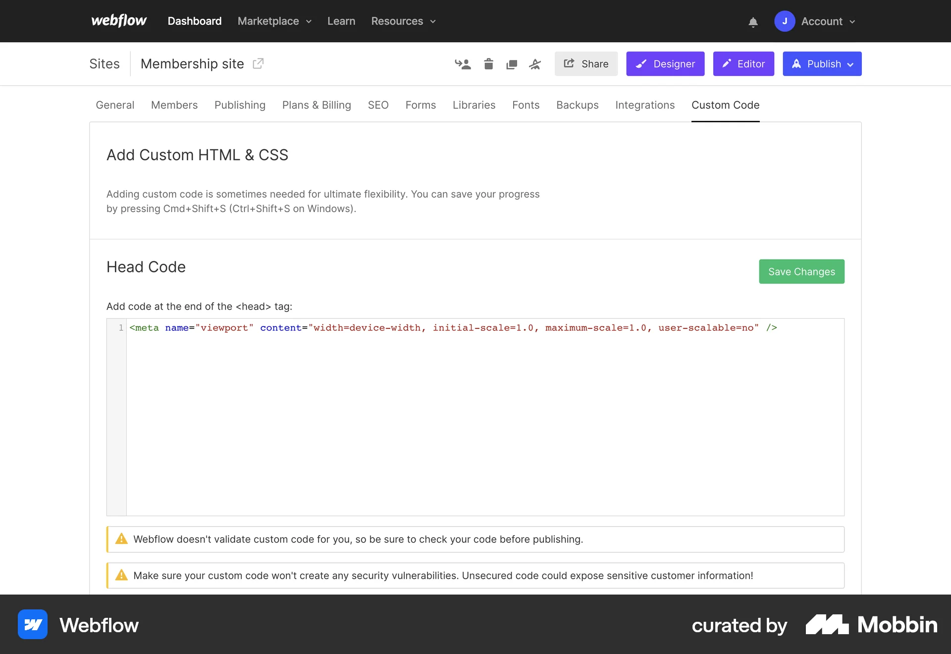 Webflow Web Code Editor screen