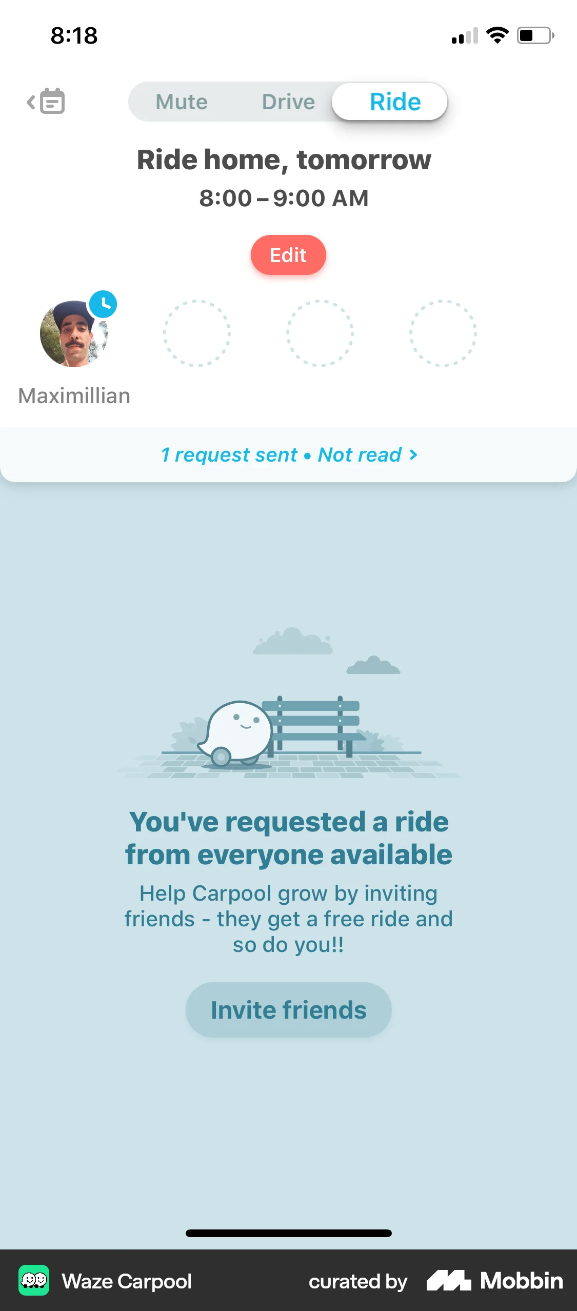 Waze Carpool iOS Invite & Refer Friends screen
