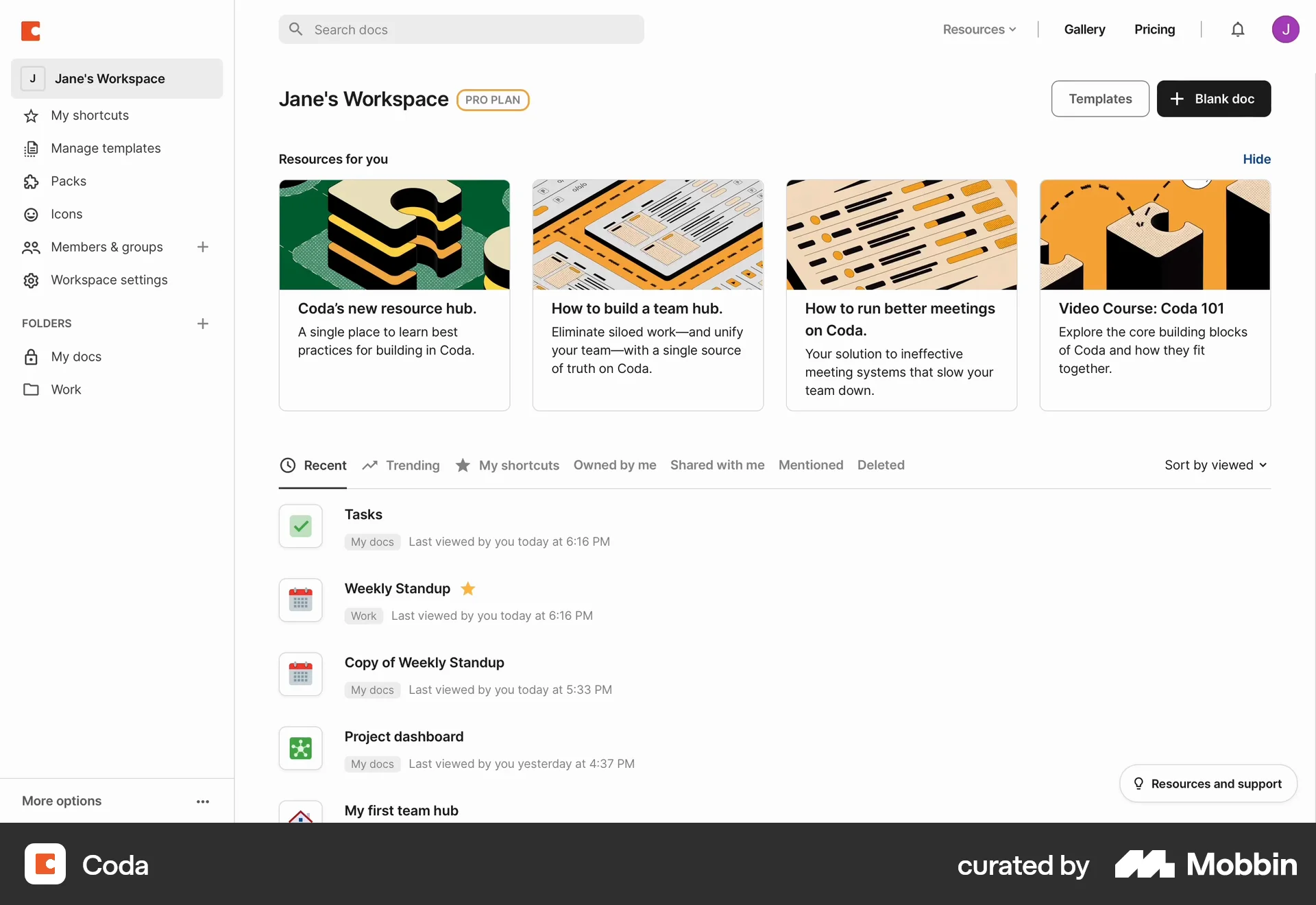 Coda Web Home screen