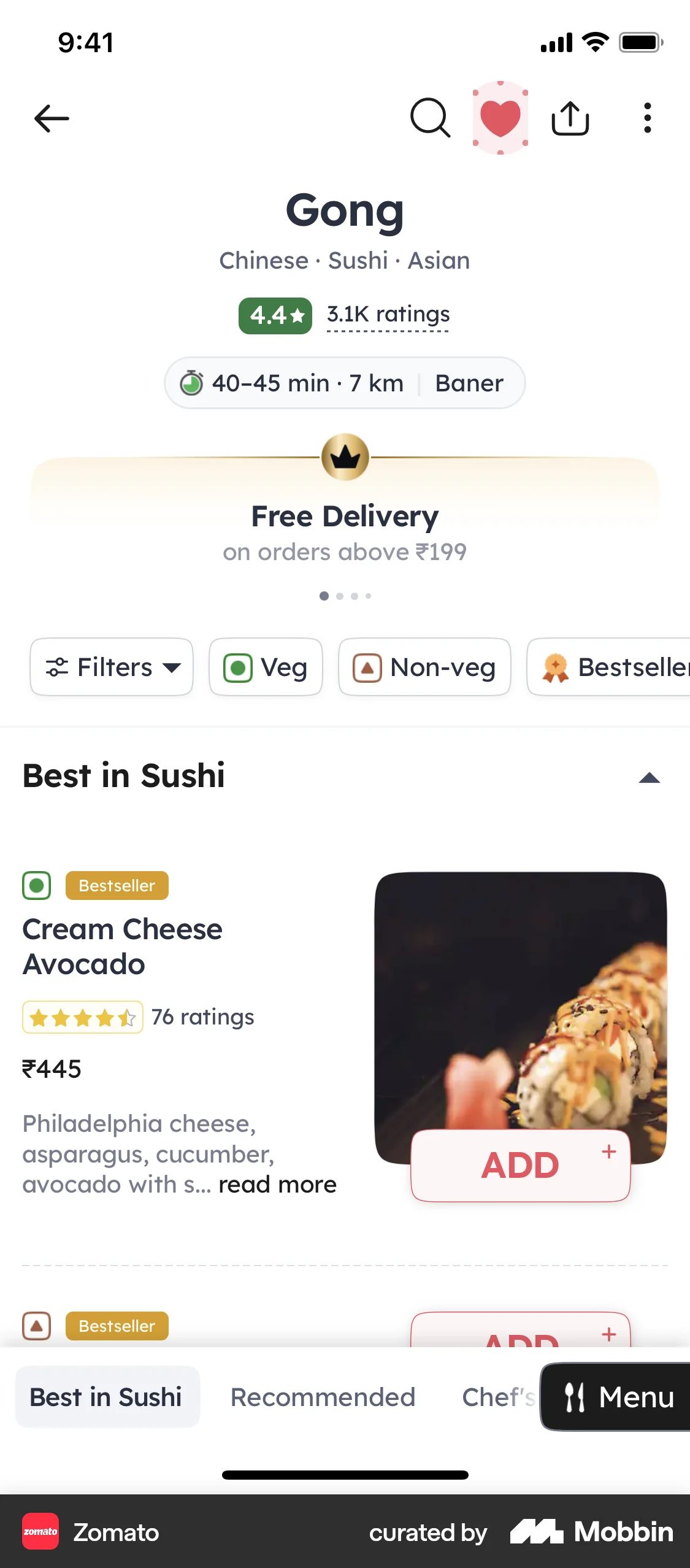 Zomato iOS Favorite & Pin screen