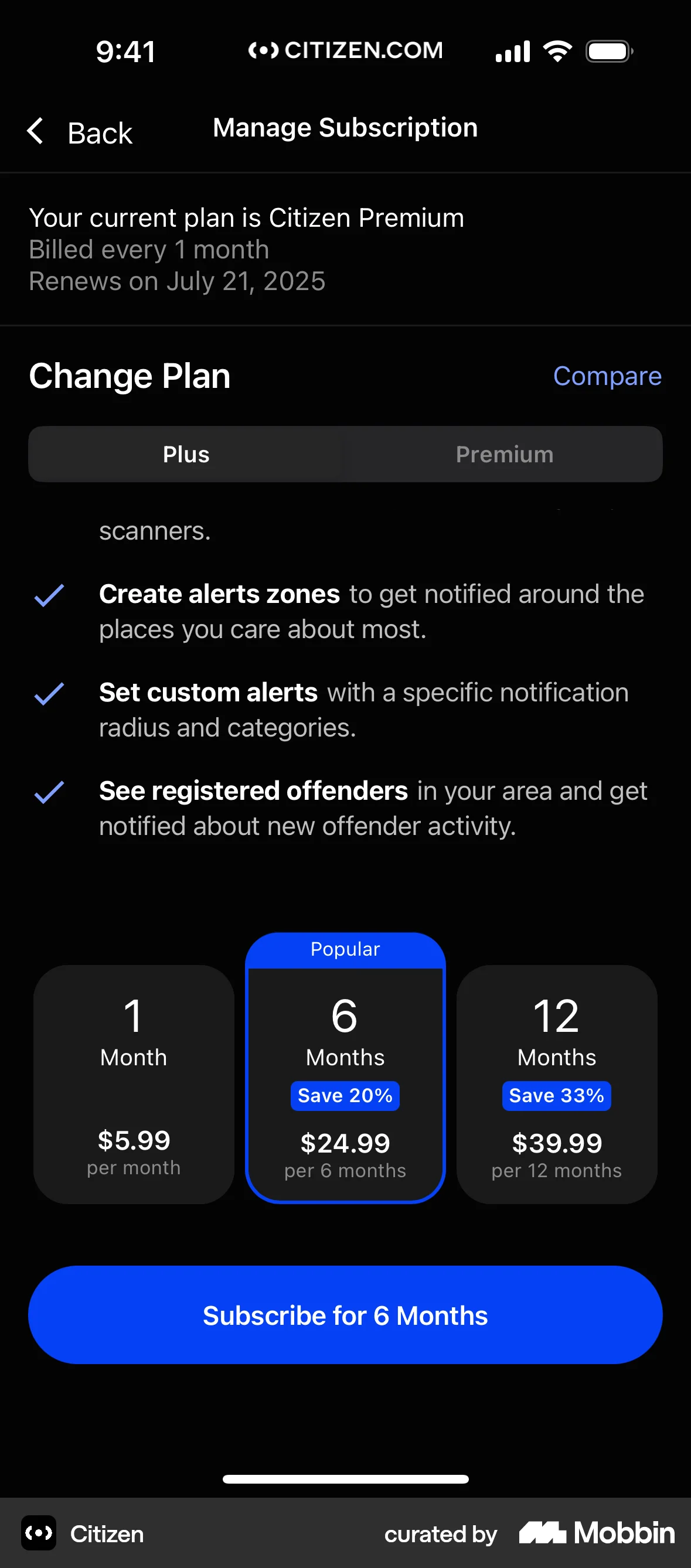 Citizen iOS Pricing screen