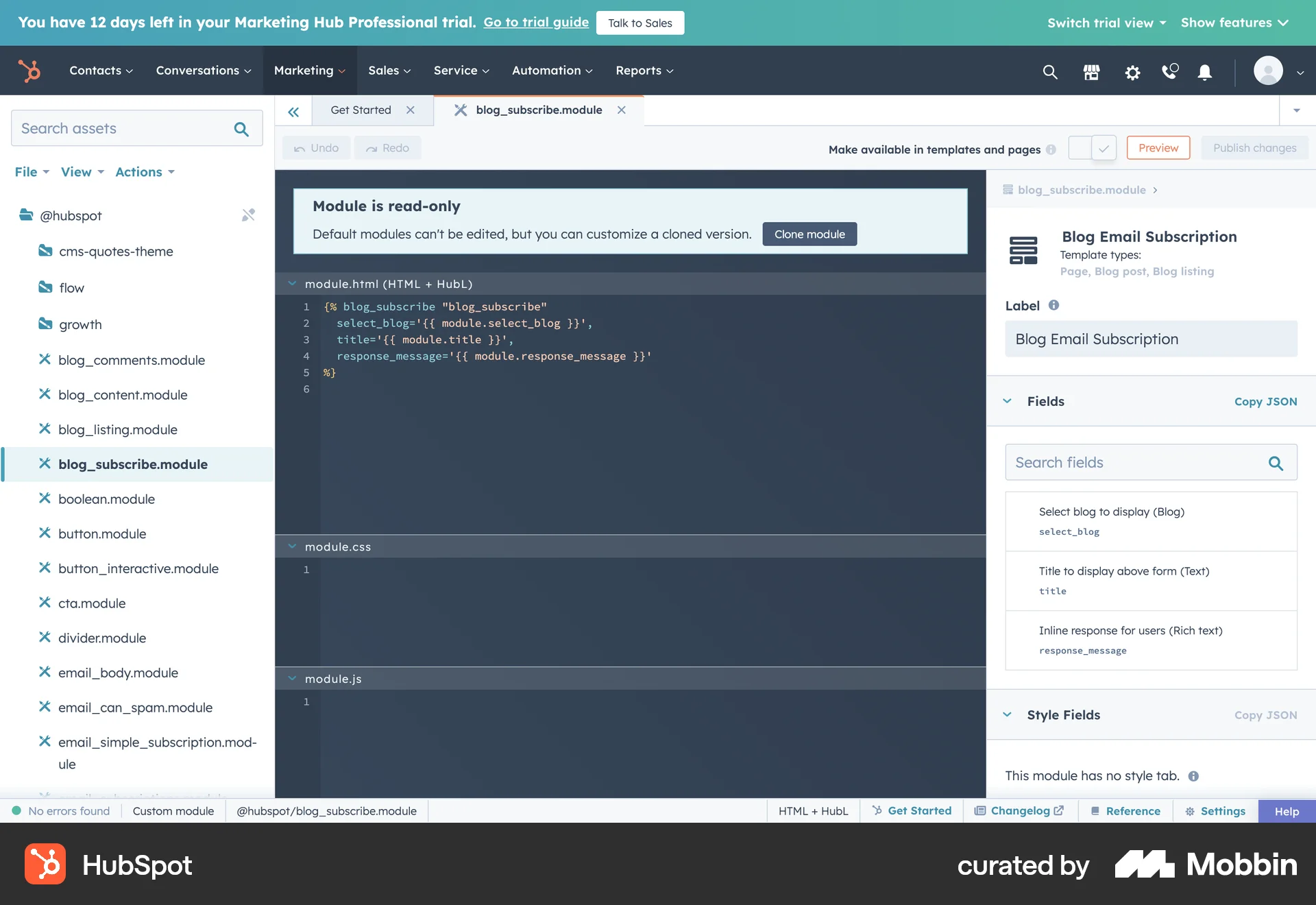 HubSpot Web Code Editor screen
