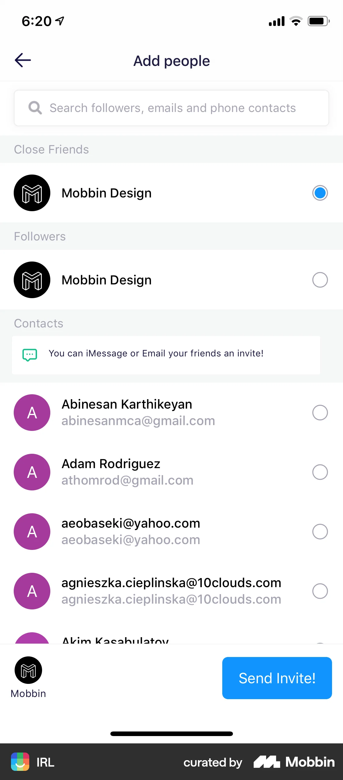 IRL iOS Invite & Refer Friends screen
