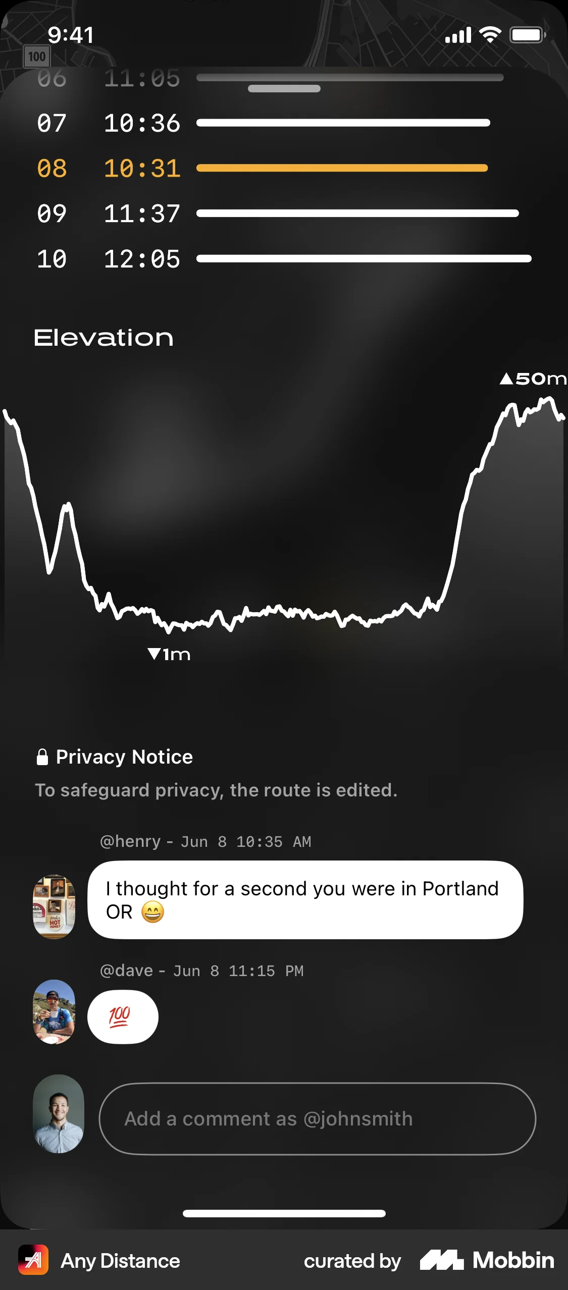 Any Distance iOS Post Detail screen