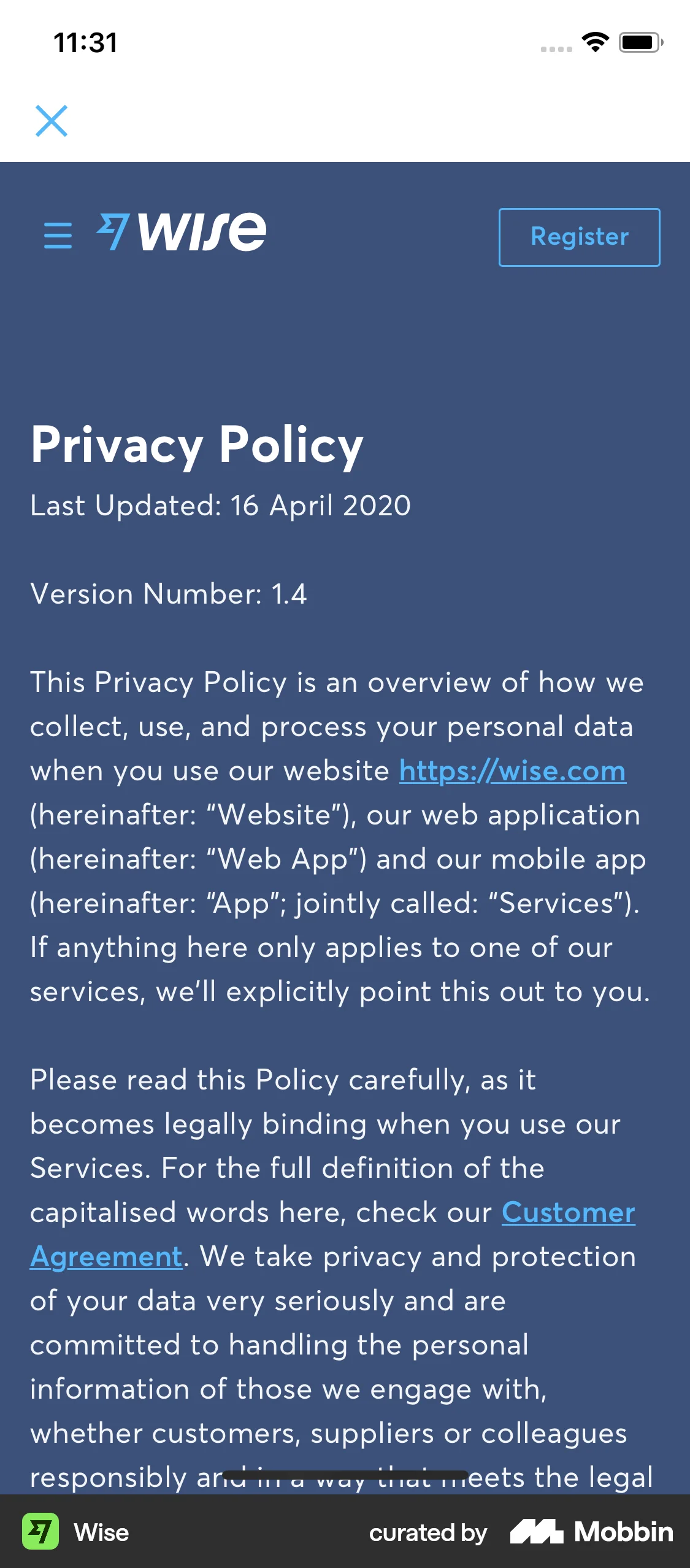Wise iOS Privacy Policy screen