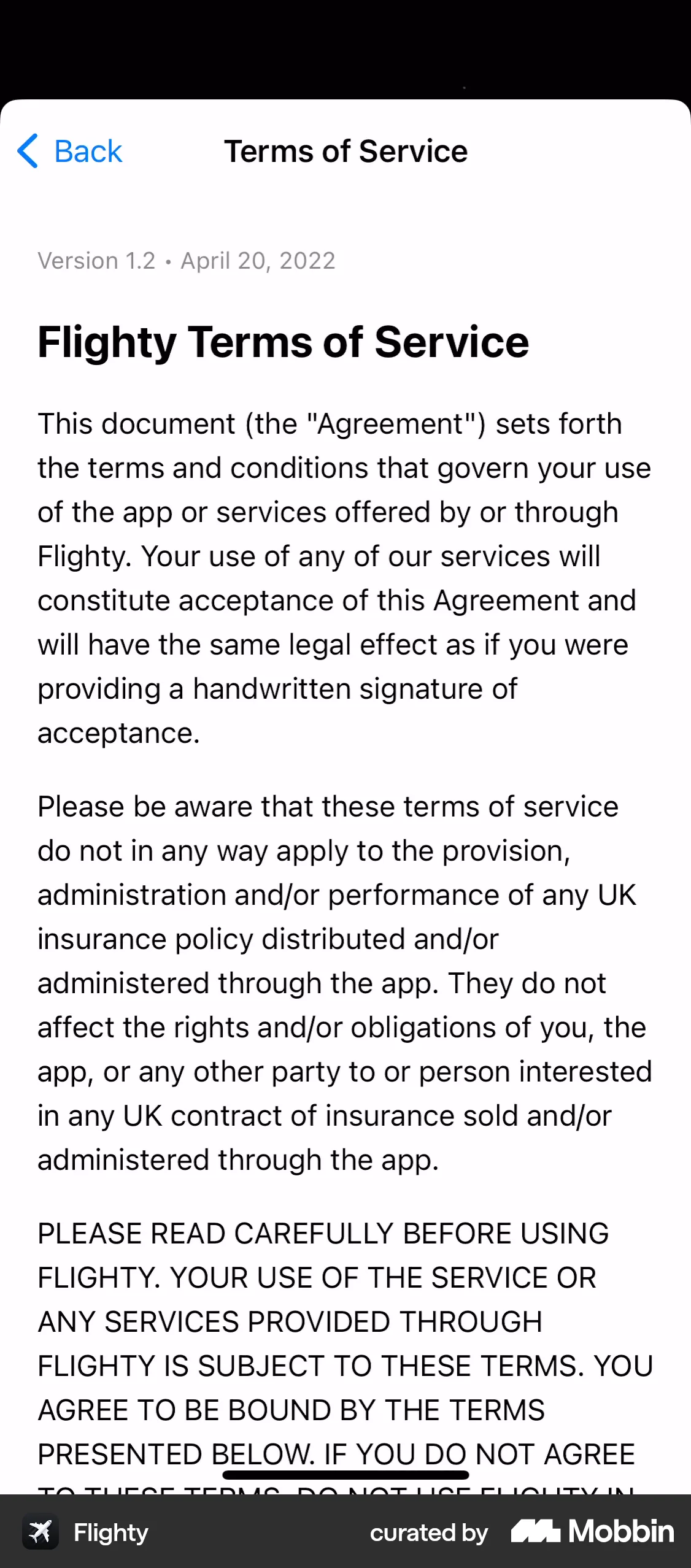 Flighty iOS Terms & Conditions screen