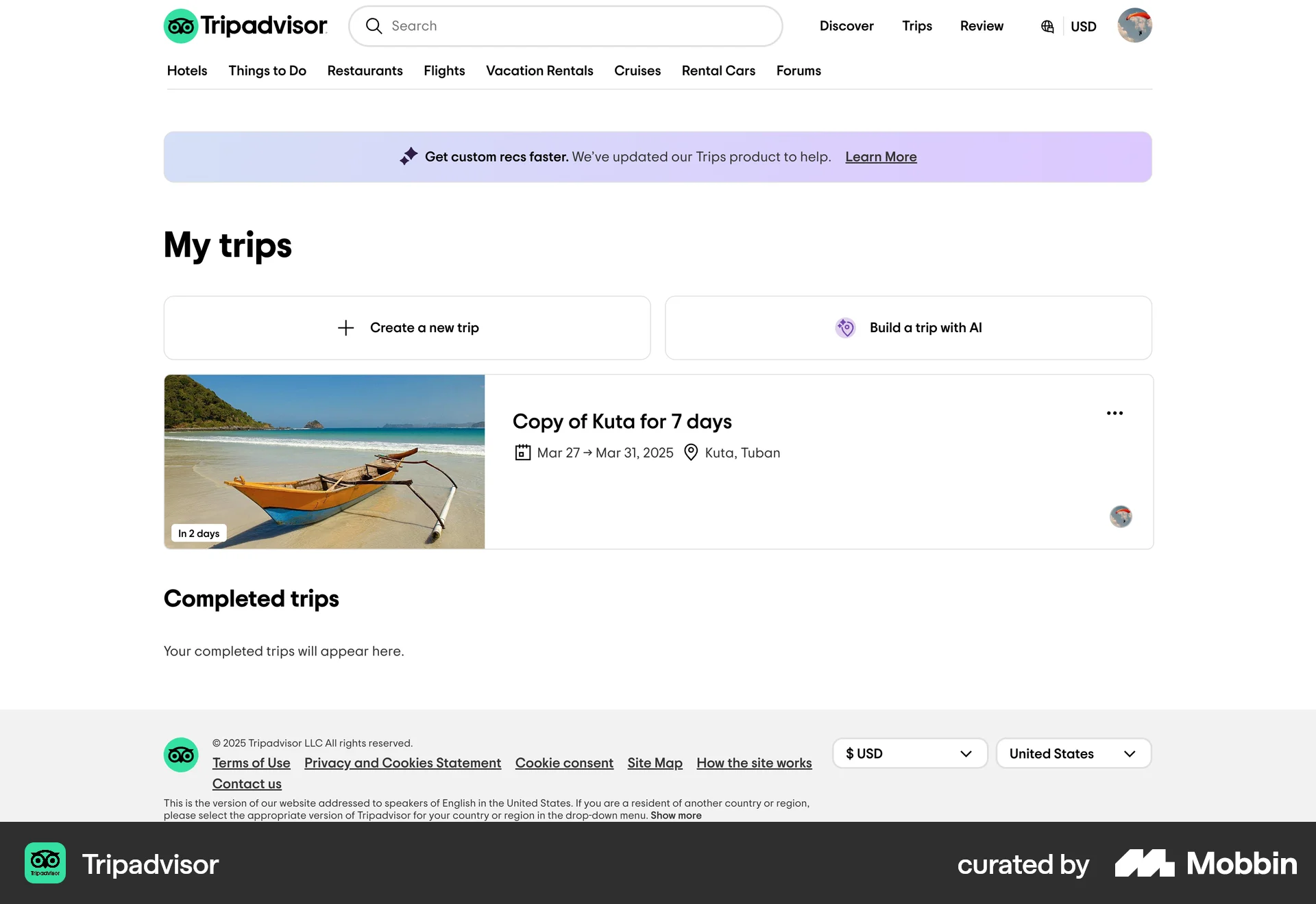 Tripadvisor Web Bookmarks & Collections screen