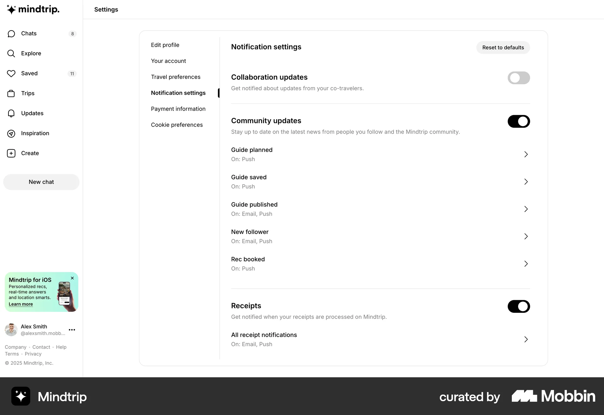 Mindtrip Web Settings & Preferences screen