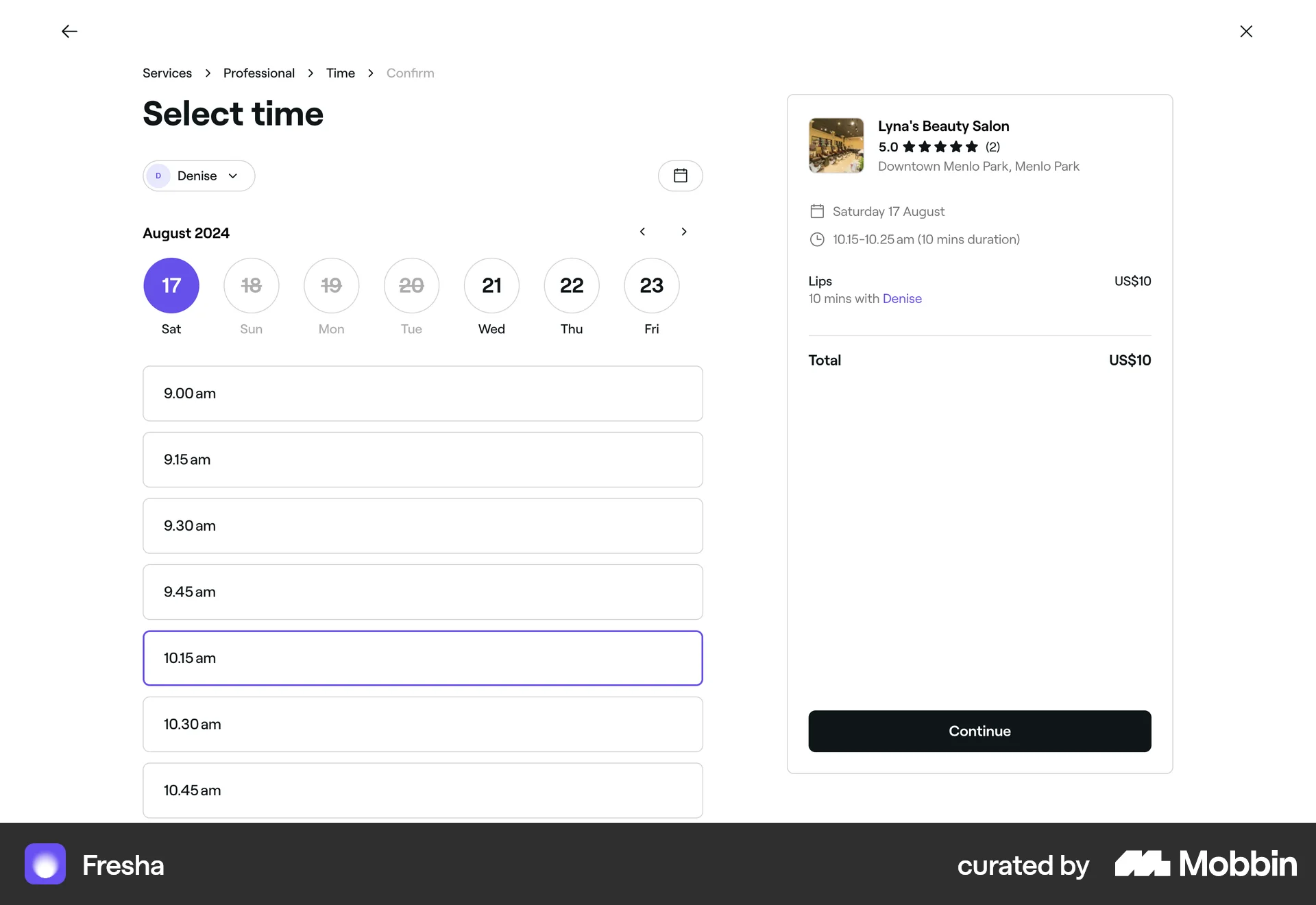Fresha Web Calendar screen
