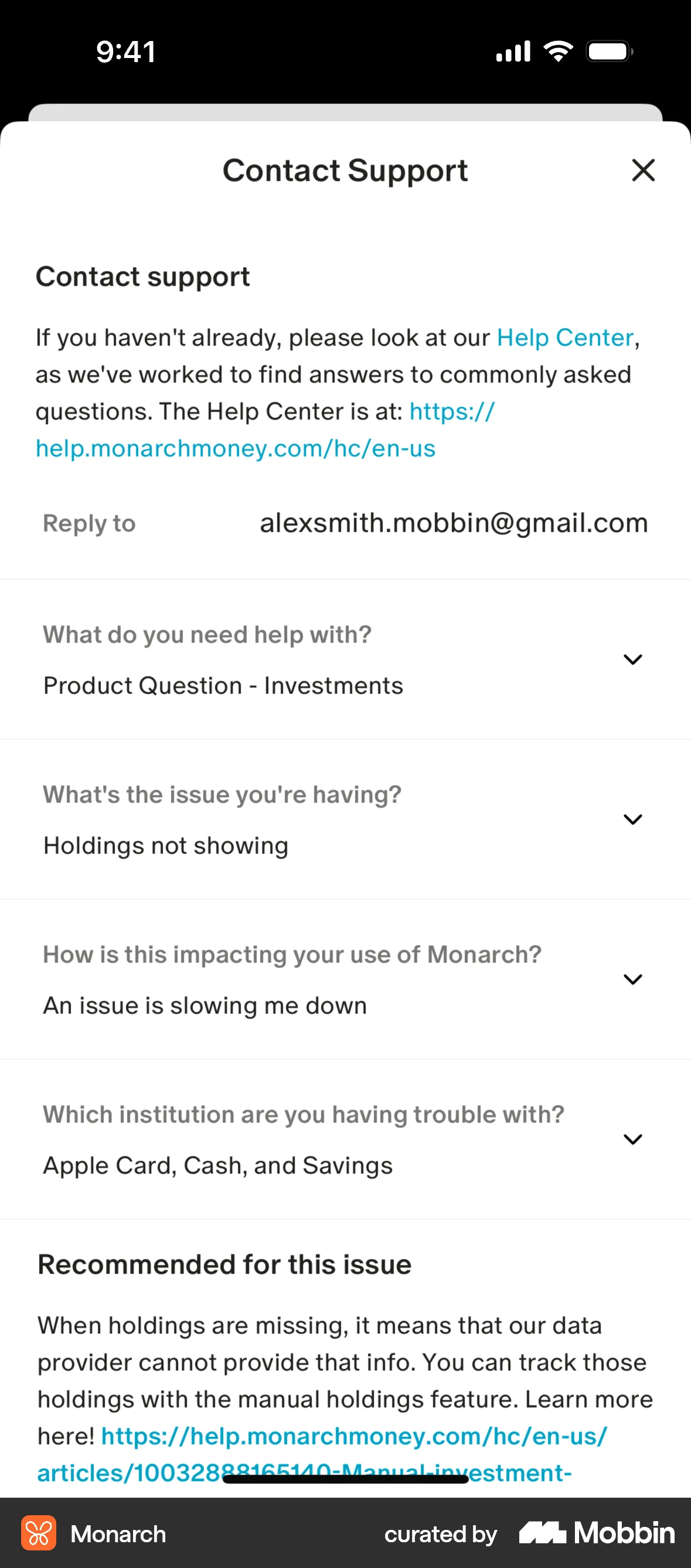 Monarch iOS Help & Support screen