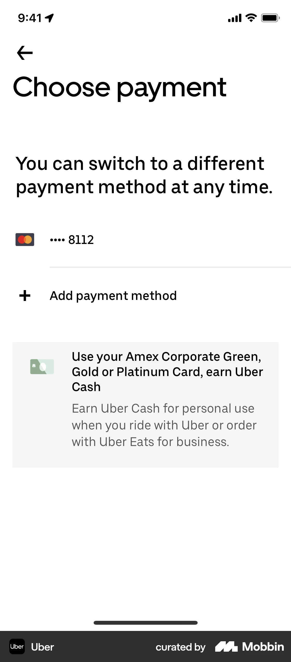 Uber iOS Payment Method screen