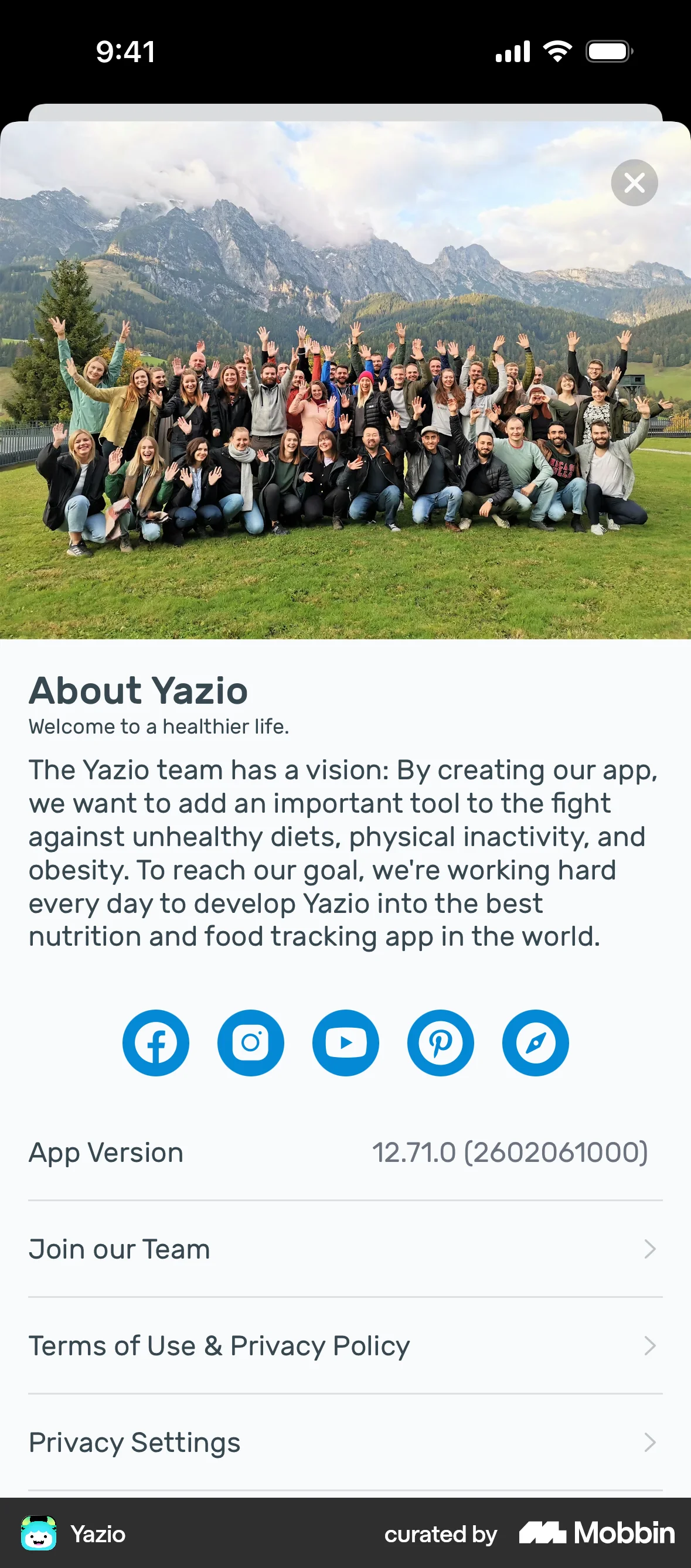 Yazio iOS screen containing Button UI element