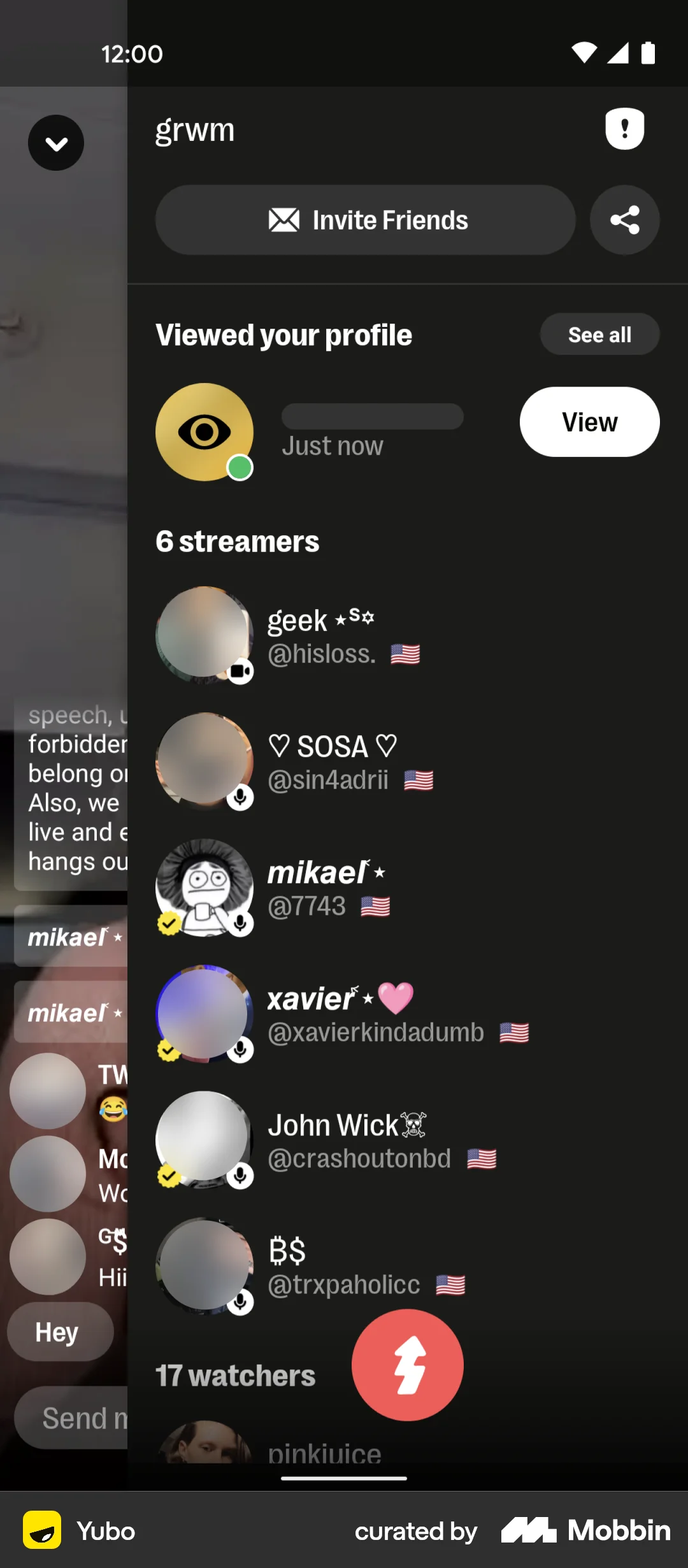 Yubo Android screen containing Drawer UI element