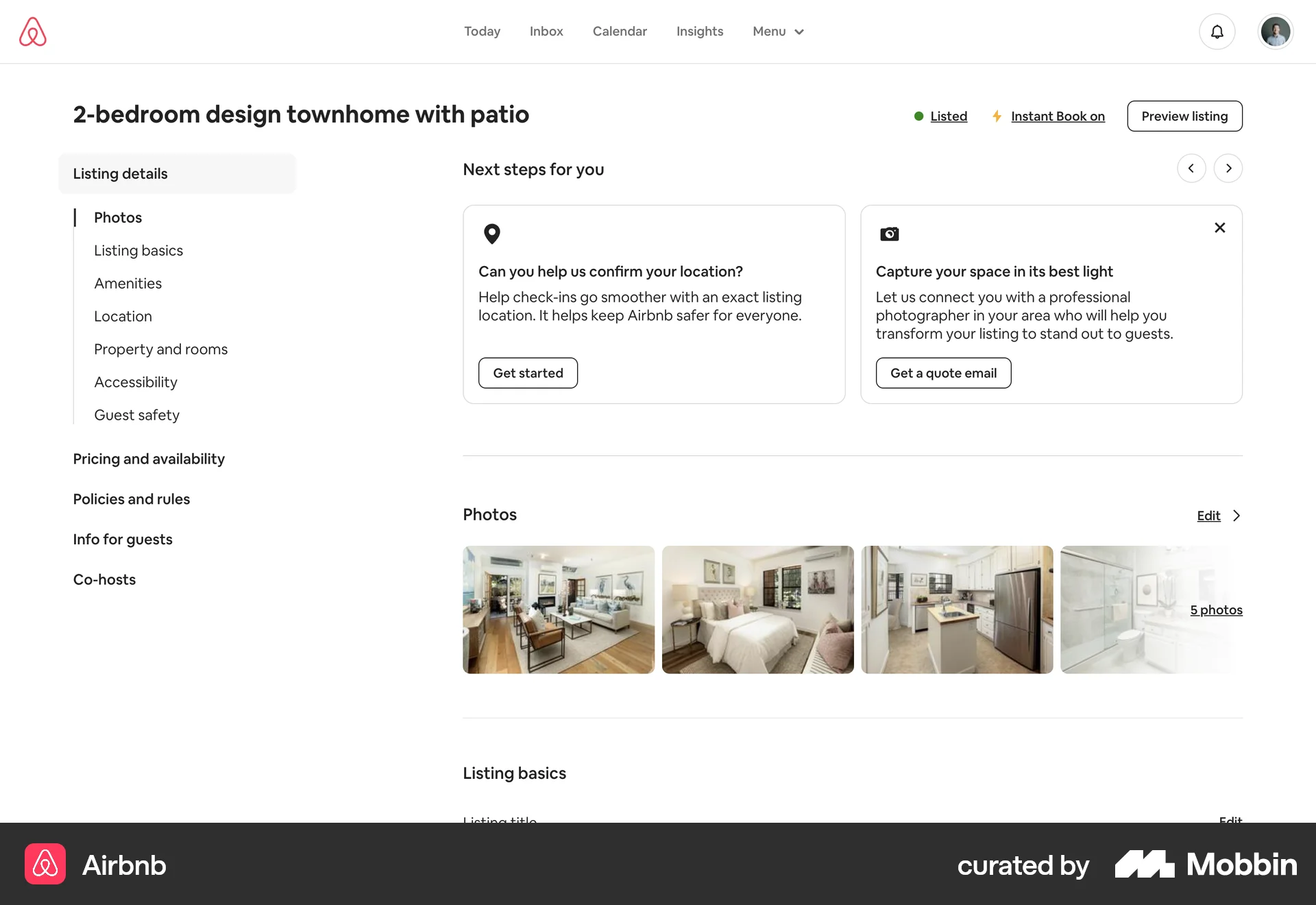 Airbnb Web screen containing Side Navigation UI element