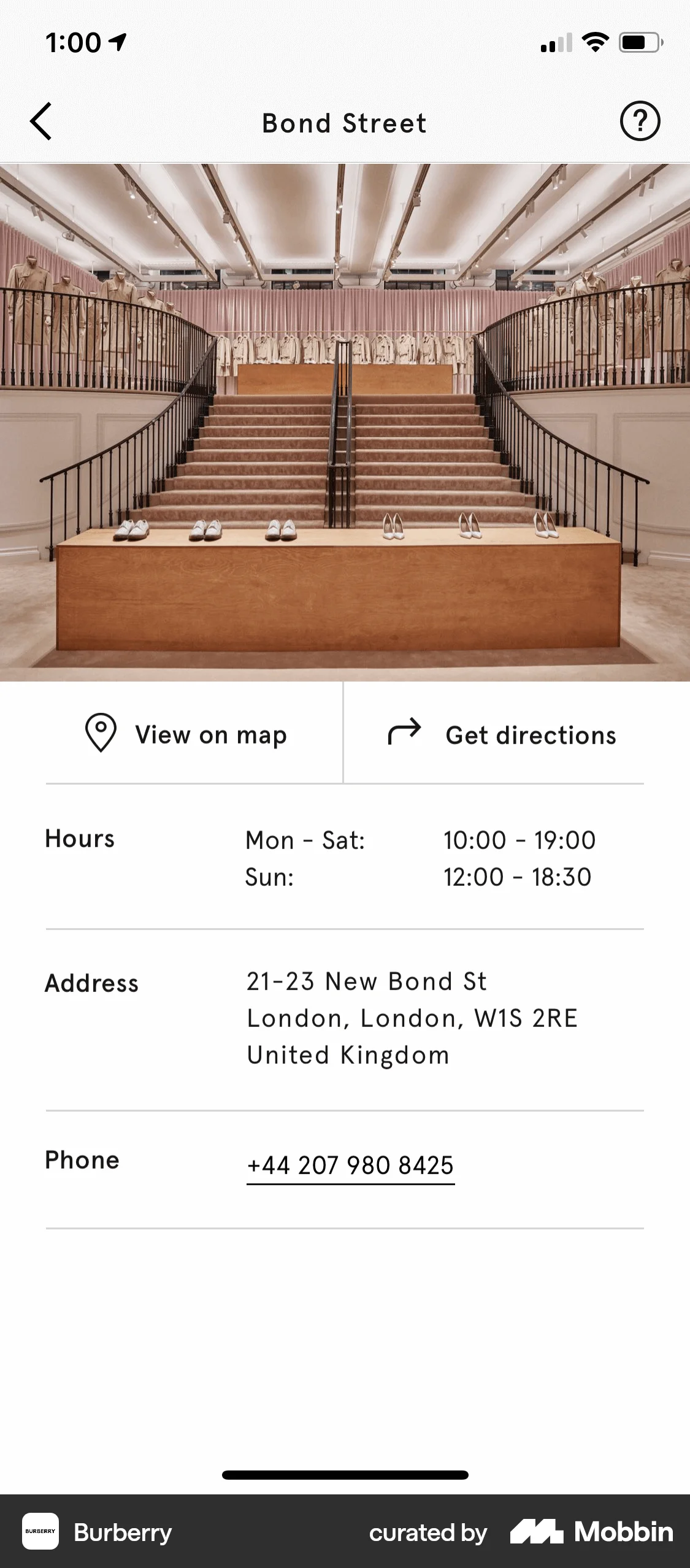 Burberry iOS Location & Address screen