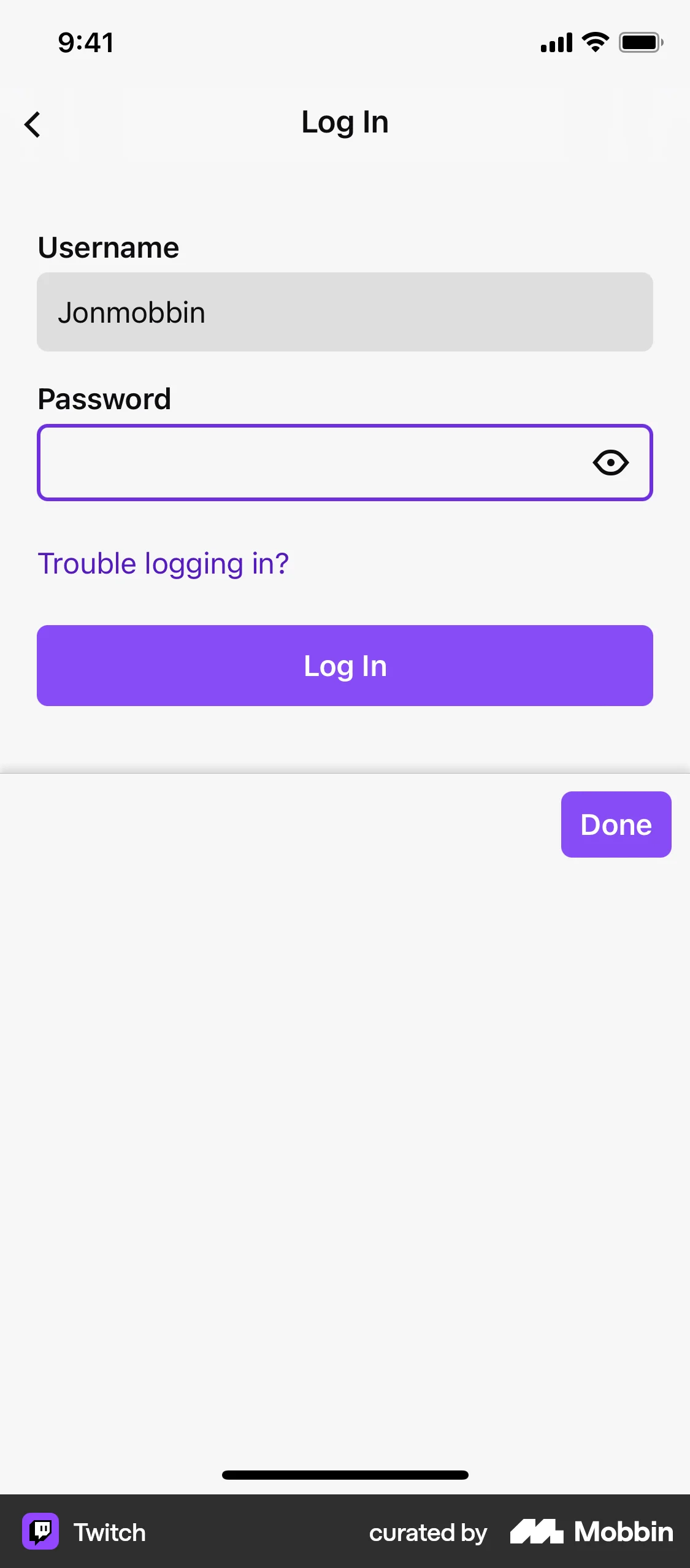 Twitch iOS Login screen