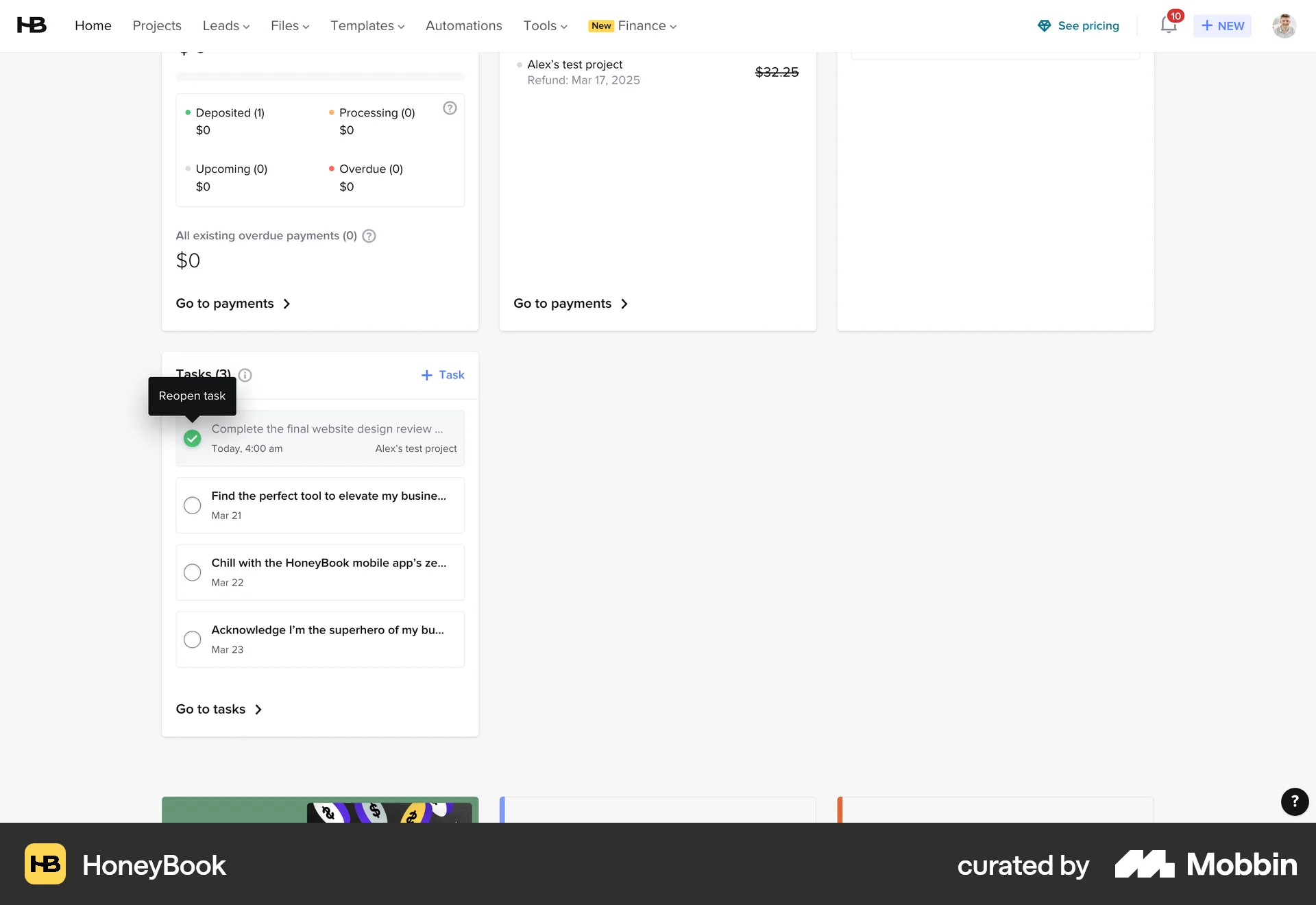 HoneyBook Web screen containing Tooltip UI element