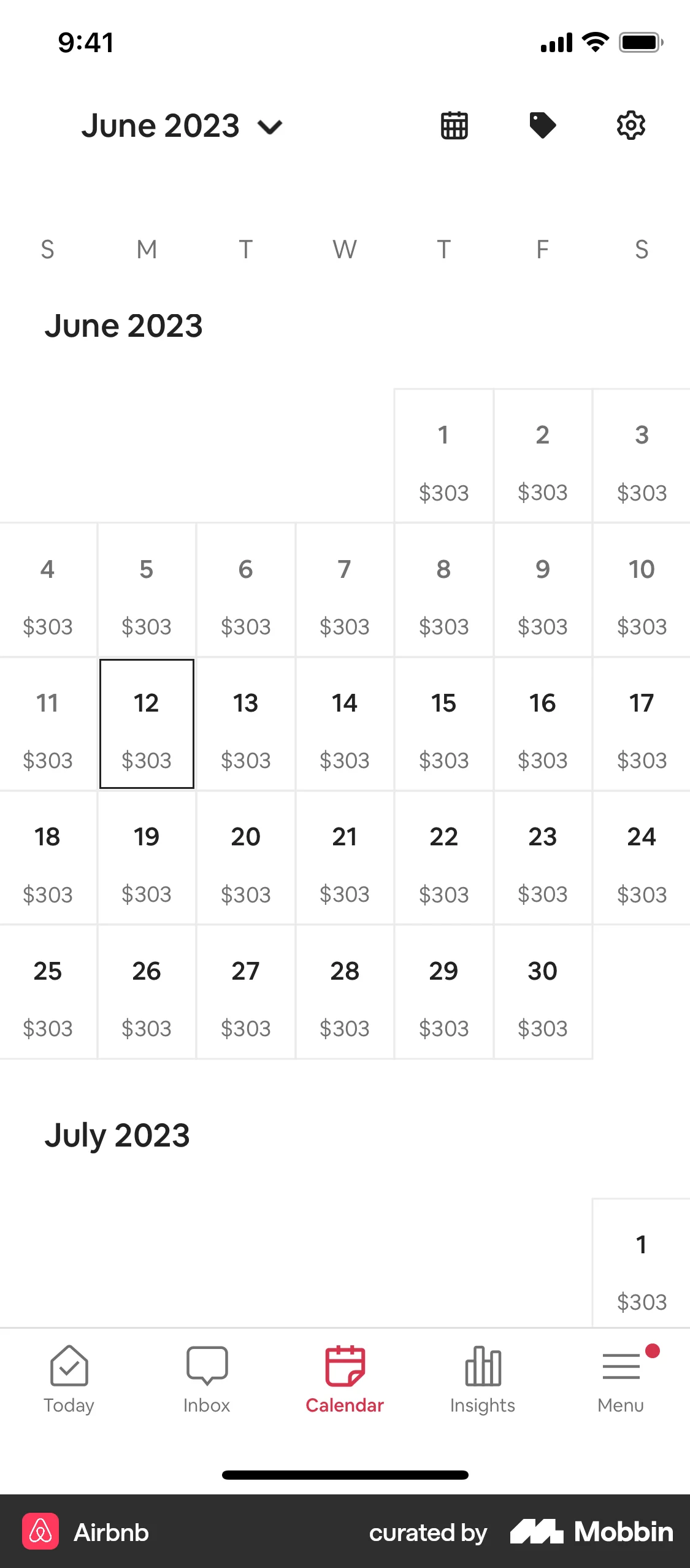 Airbnb iOS Calendar screen