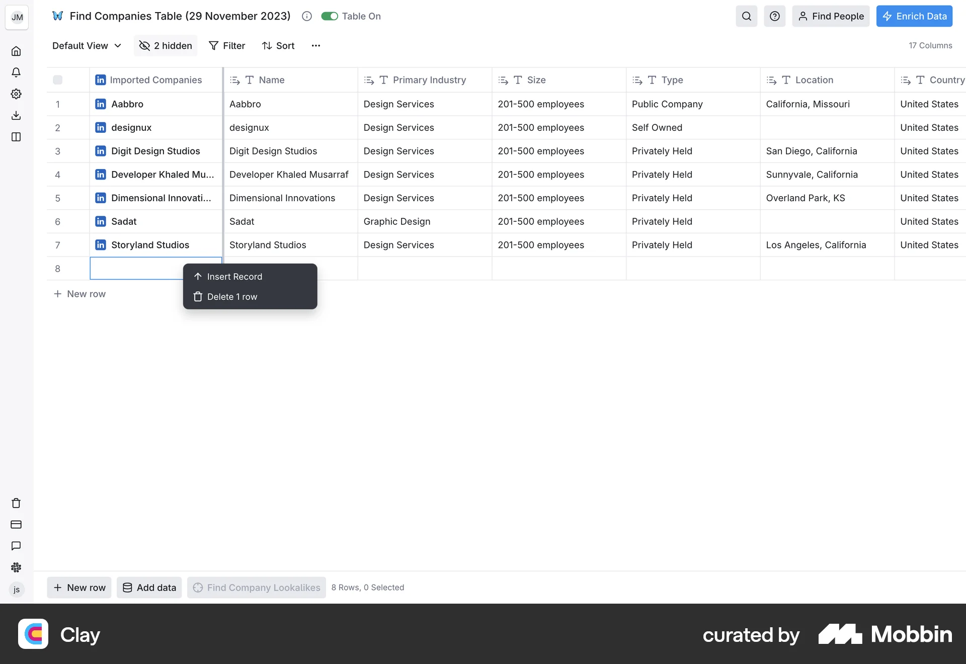 Clay Web screen containing Context Menu UI element