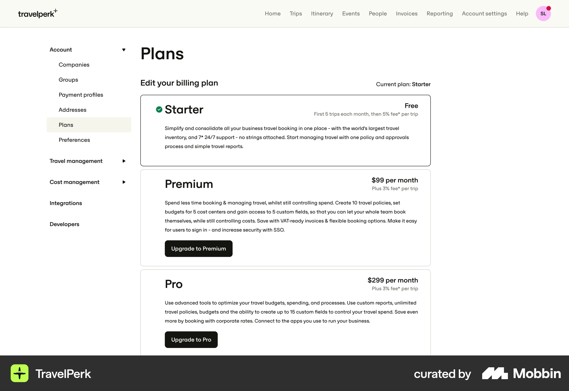 TravelPerk Web Billing screen