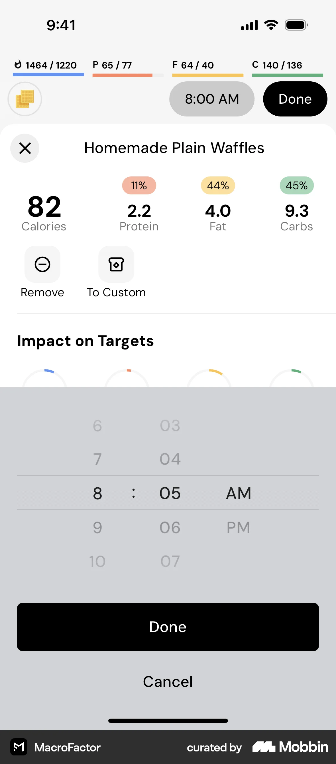 MacroFactor iOS screen containing Time Picker UI element