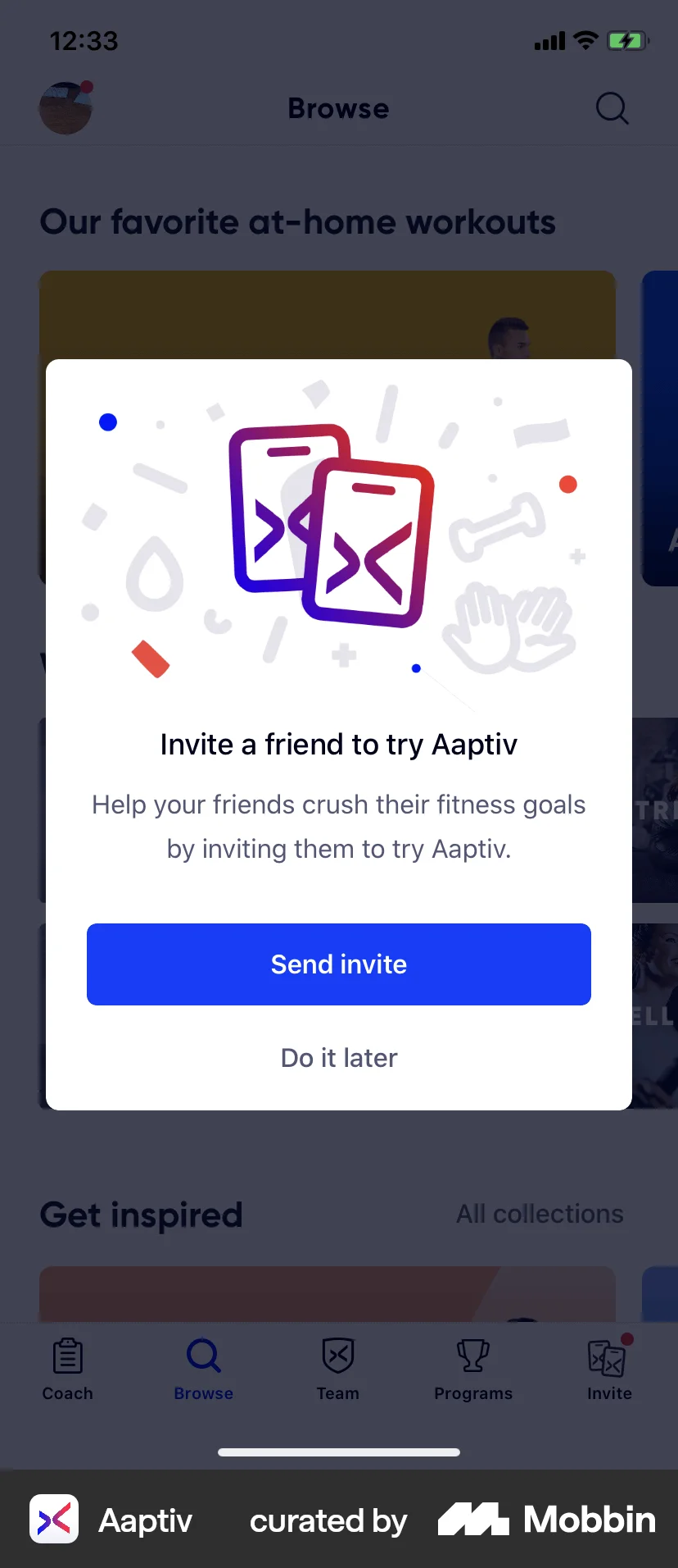 Aaptiv iOS screen containing Dialog UI element